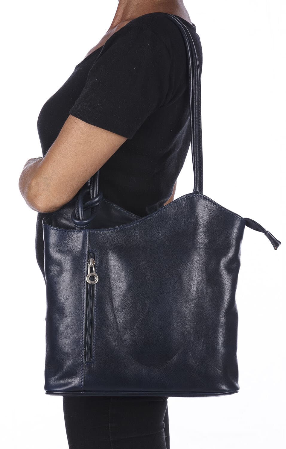 Borsa zaino donna MONTE ARGENTERA in vera pelle tamponata, colore BLU SCURO, CHIAROSCURO, Made in Italy