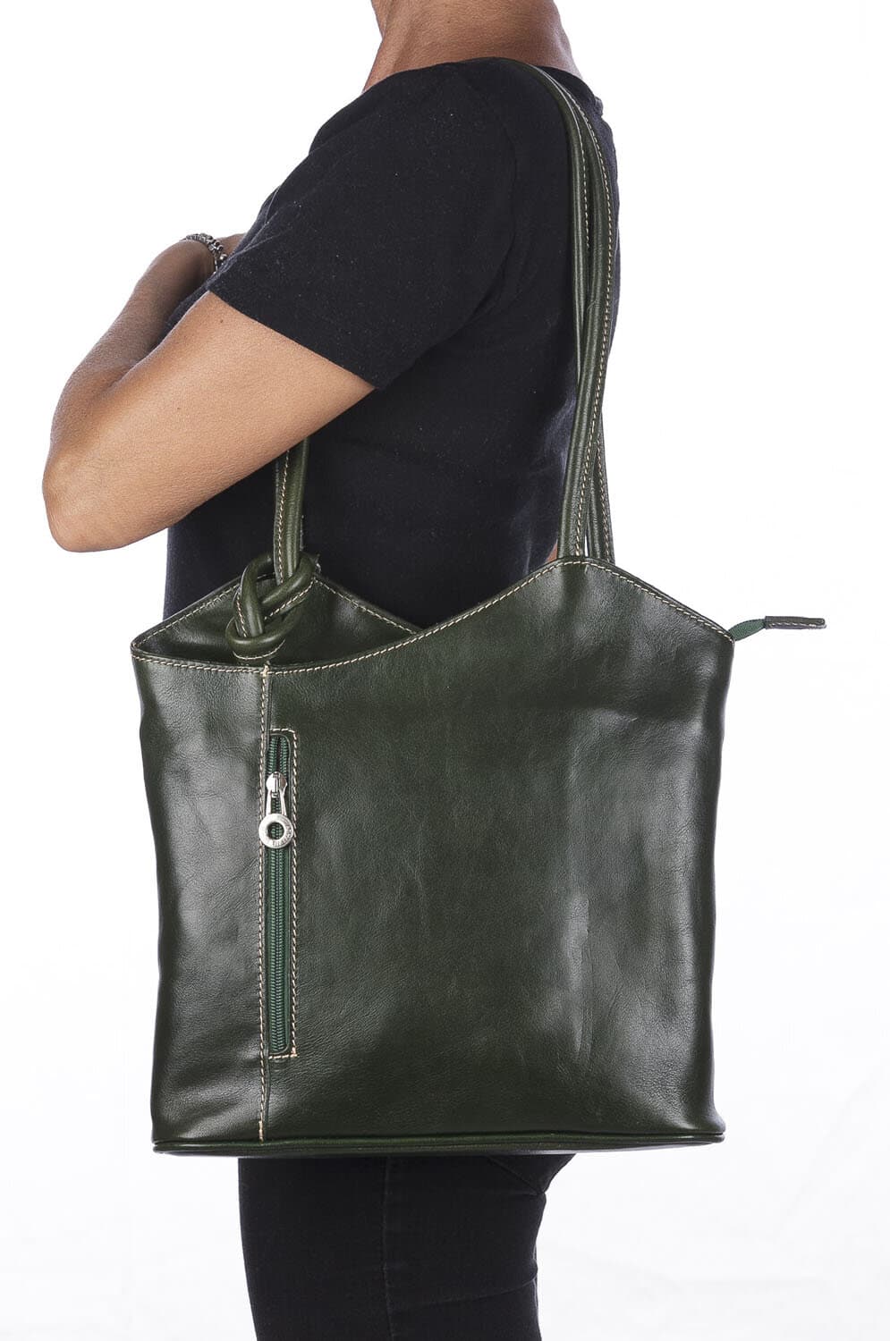 Borsa zaino donna MONTE ARGENTERA in vera pelle tamponata, colore VERDE SCURO, CHIAROSCURO, Made in Italy