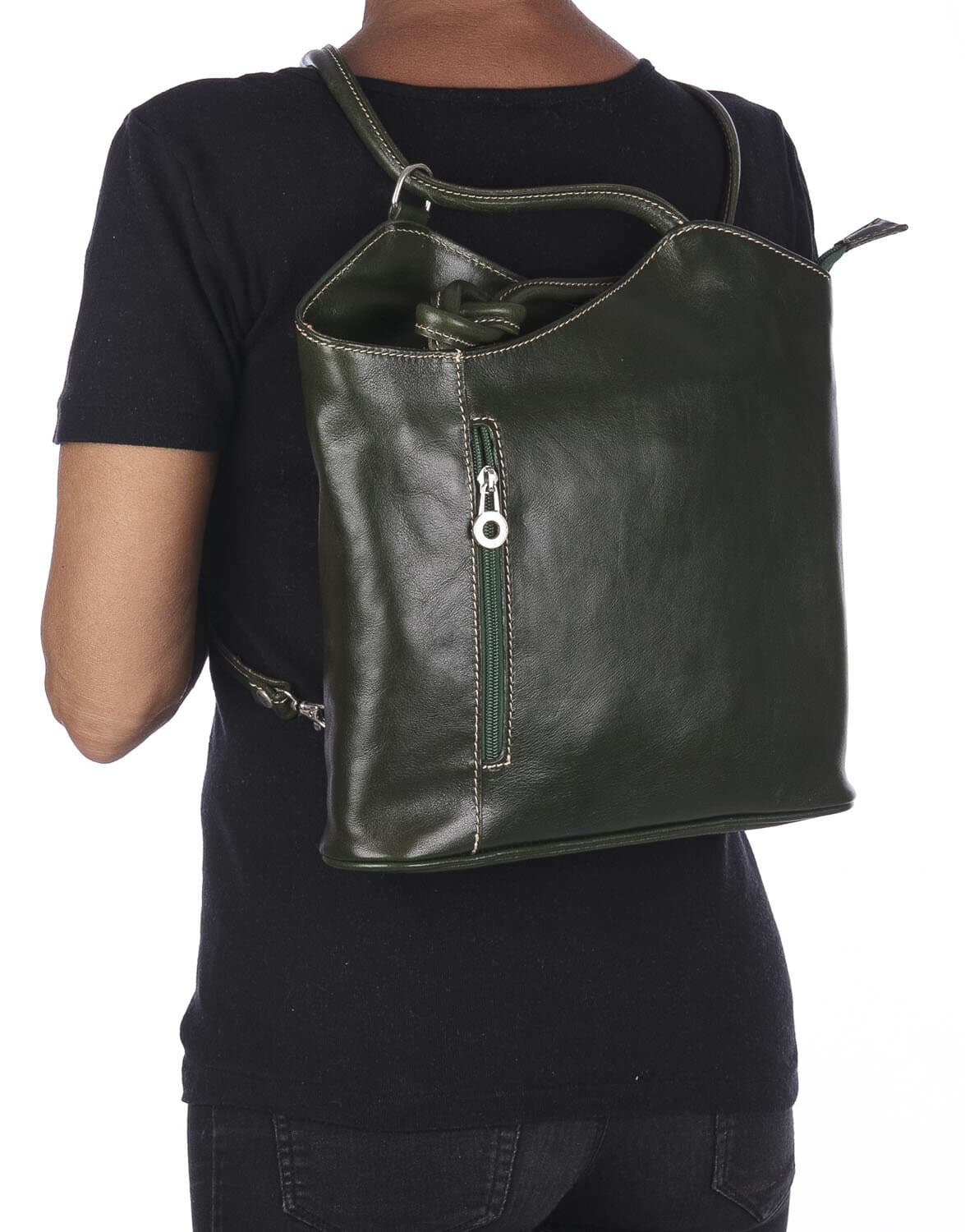 Borsa zaino donna MONTE ARGENTERA in vera pelle tamponata, colore VERDE SCURO, CHIAROSCURO, Made in Italy