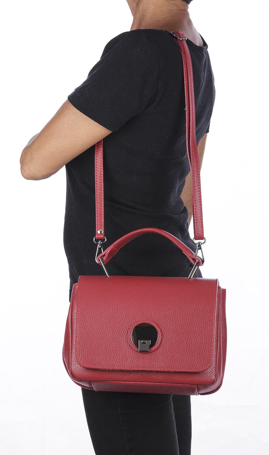 Borsa a mano donna EVELIN, in vera pelle di cervo, colore ROSSO, CHIAROSCURO, Made in Italy