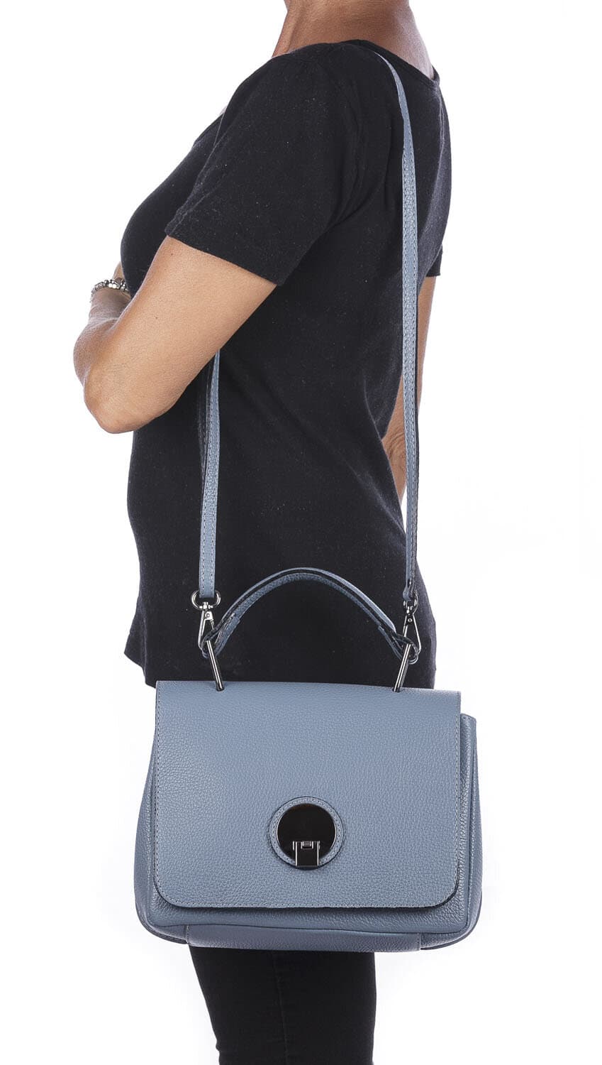 Borsa a mano donna EVELIN, in vera pelle di cervo, colore AZZURRO, CHIAROSCURO, Made in Italy