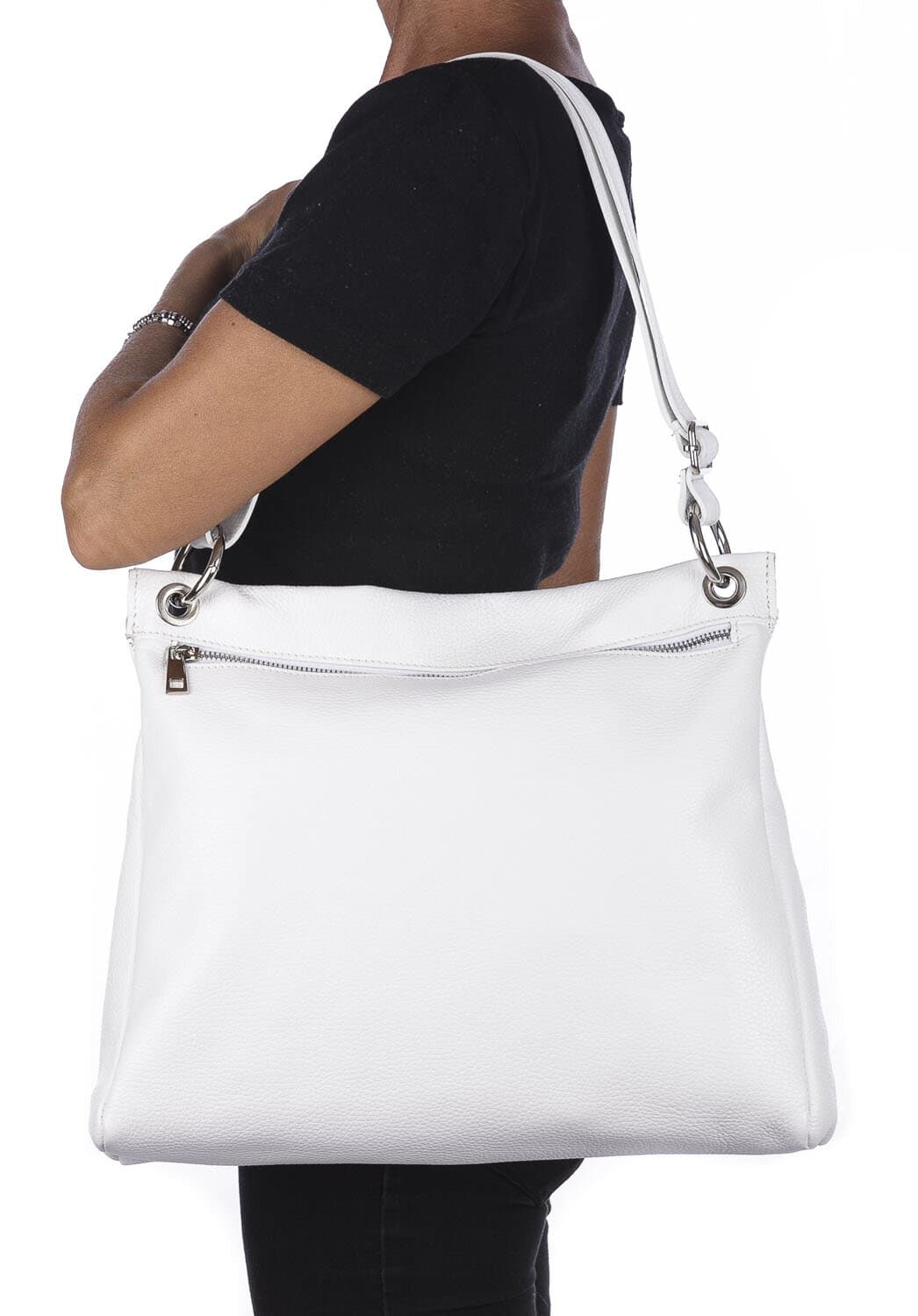 Borsa a spalla EMMA, in vera pelle morbida martellata, colore BIANCO, CHIAROSCURO, Made in Italy