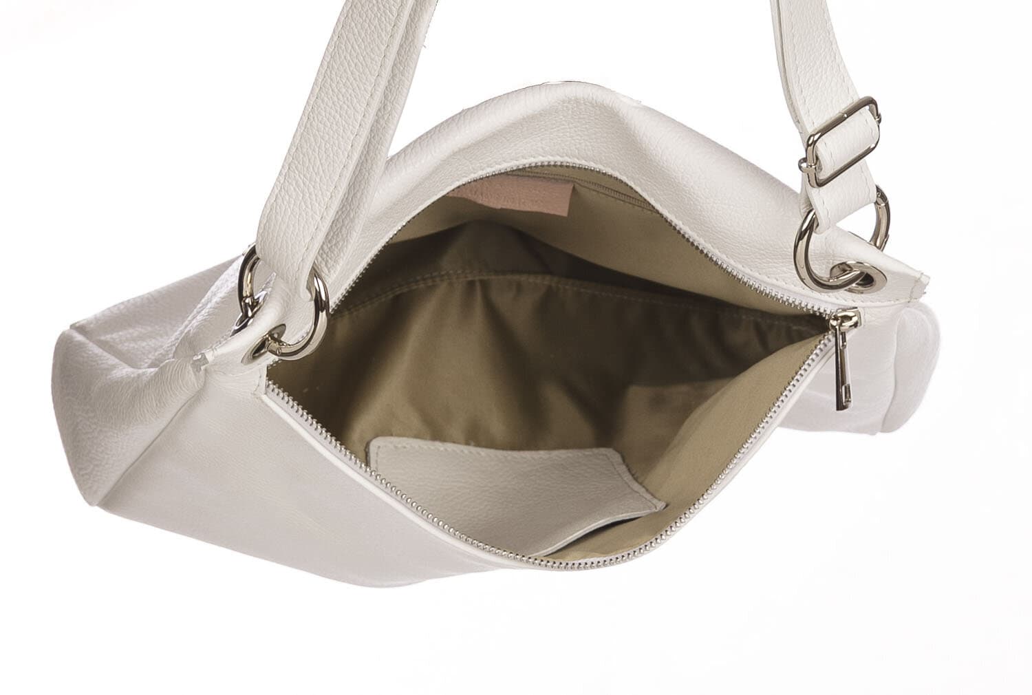 Borsa a spalla EMMA, in vera pelle morbida martellata, colore BIANCO, CHIAROSCURO, Made in Italy