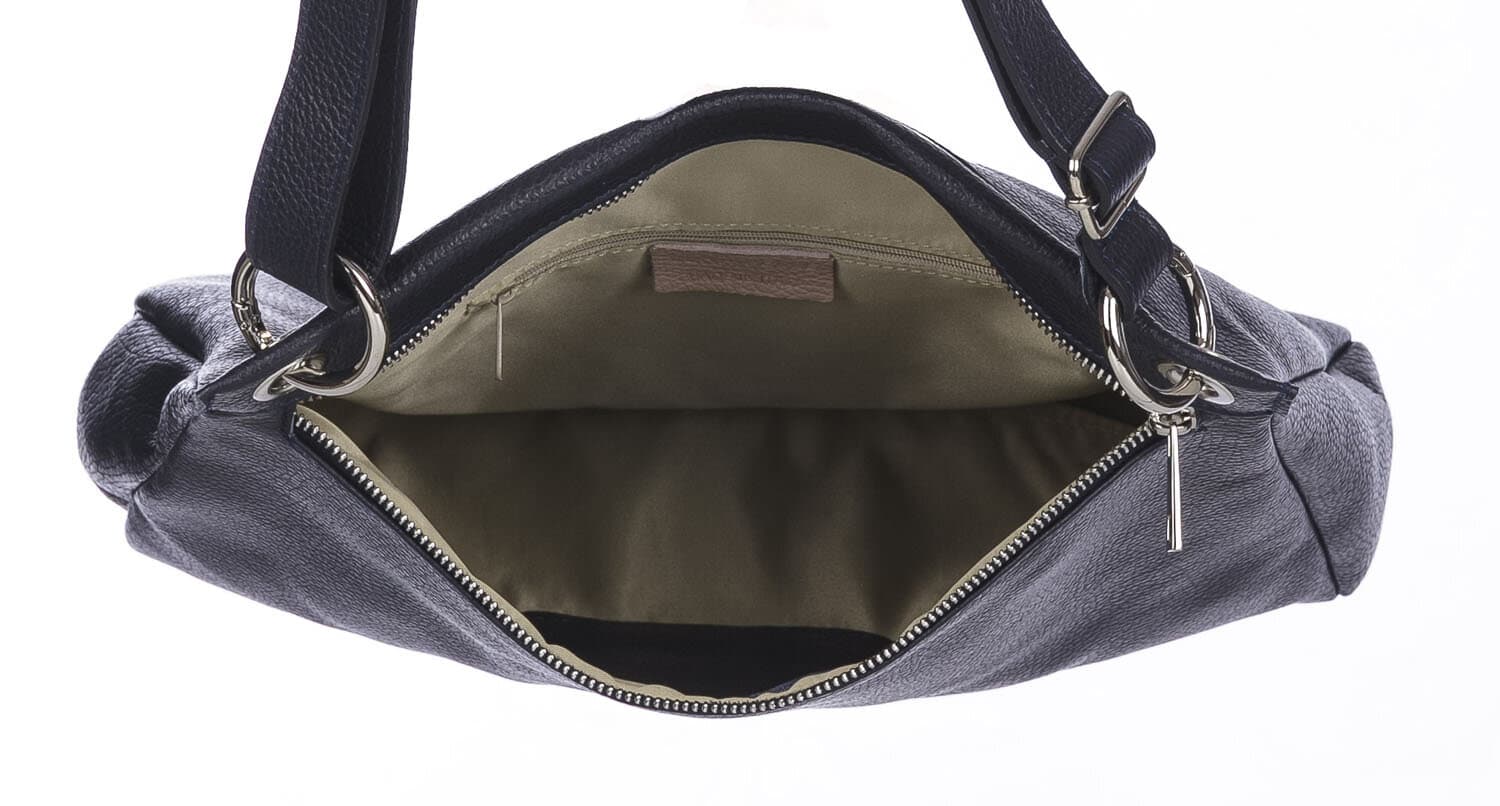 Borsa a spalla EMMA, in vera pelle morbida martellata, colore BLU SCURO, CHIAROSCURO, Made in Italy