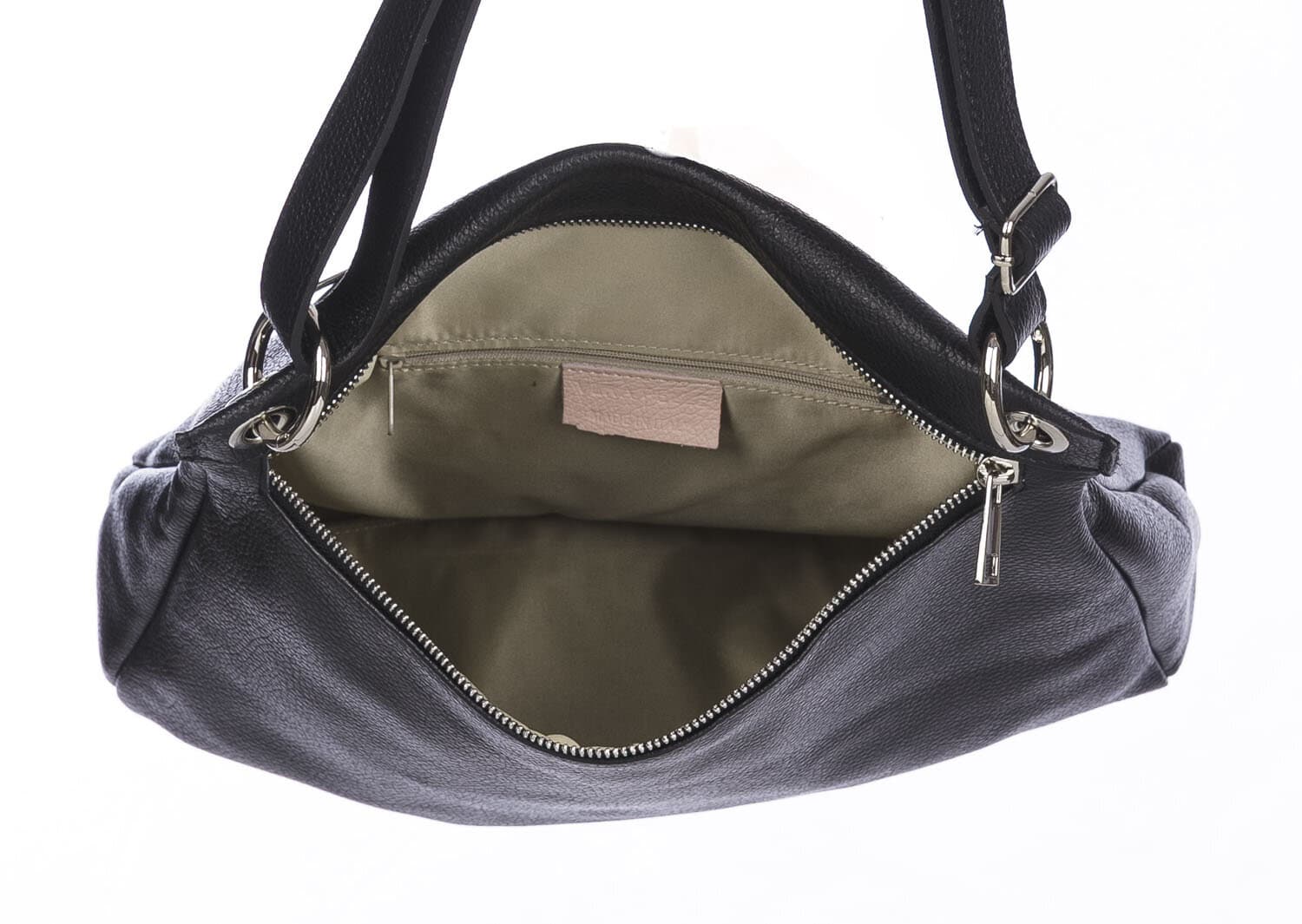 Borsa a spalla EMMA, in vera pelle morbida martellata, colore NERO, CHIAROSCURO, Made in Italy