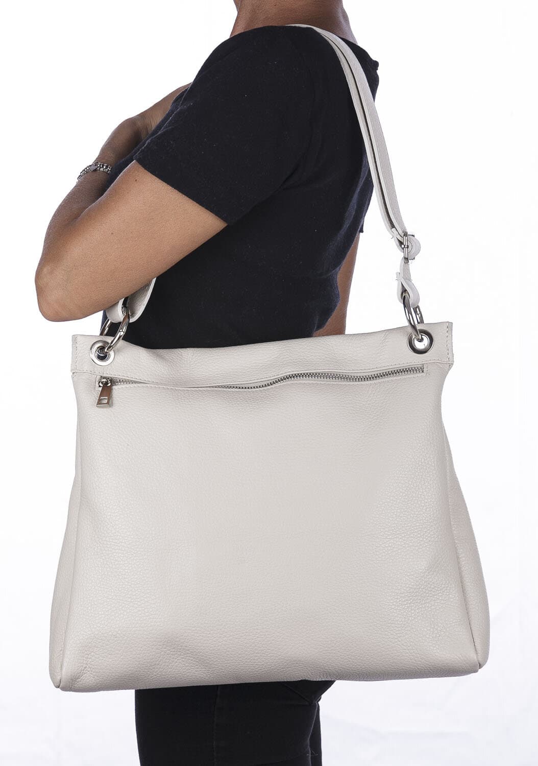 Borsa a spalla EMMA, in vera pelle morbida martellata, colore PANNA, CHIAROSCURO, Made in Italy