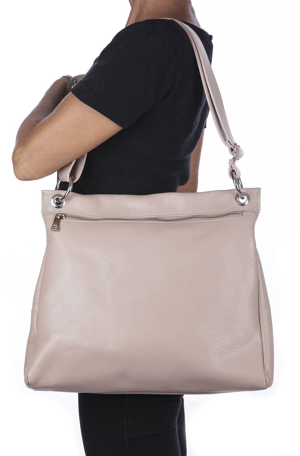 Borsa a spalla EMMA, in vera pelle morbida martellata, colore ROSA, CHIAROSCURO, Made in Italy