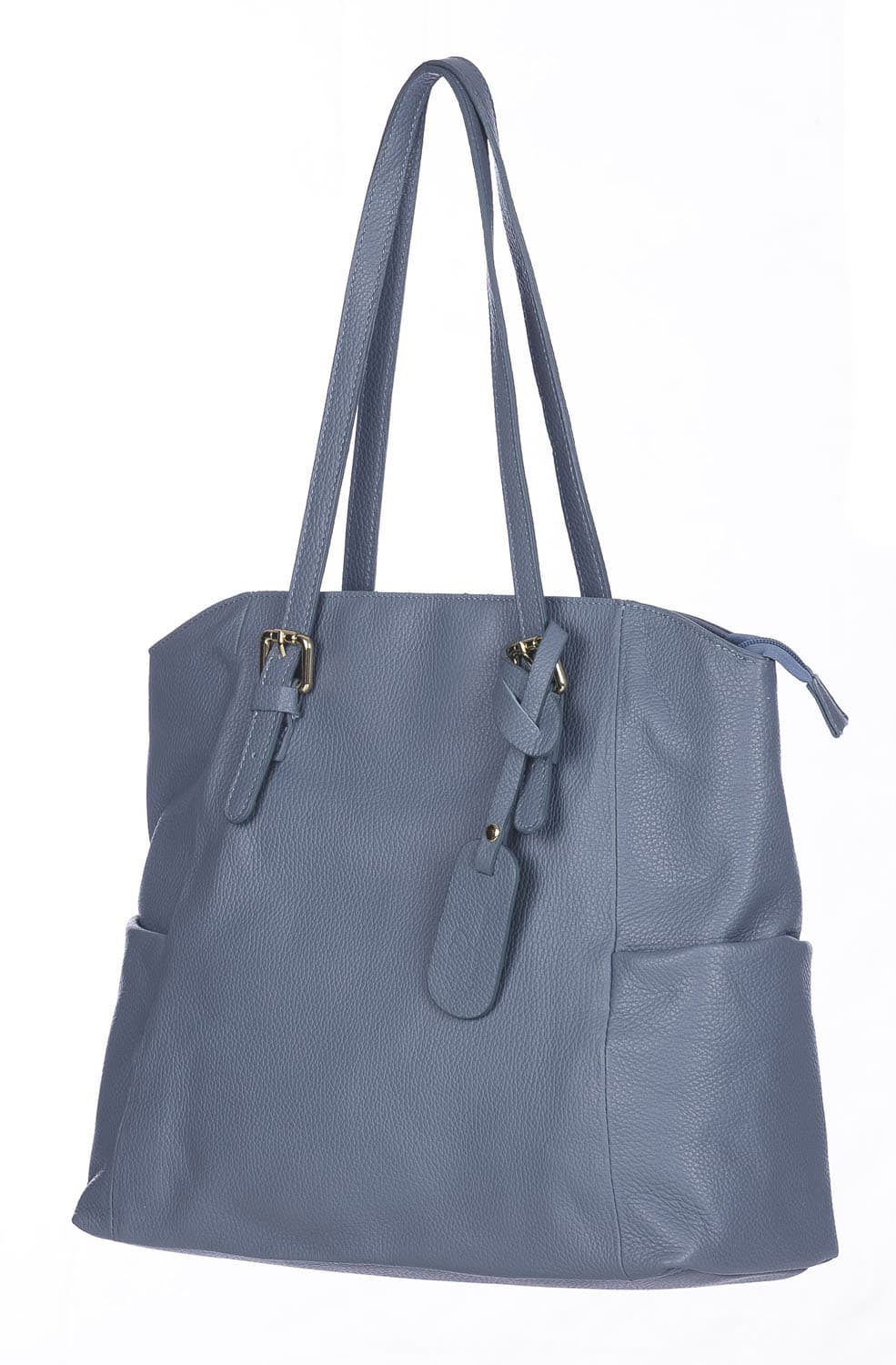 Borsa a spalla donna CLERY, in vera pelle morbida martellata, colore AZZURRO, CHIARO SCURO, Made in Italy