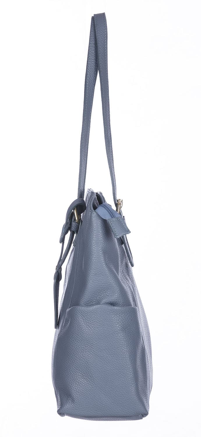 Borsa a spalla donna CLERY, in vera pelle morbida martellata, colore AZZURRO, CHIARO SCURO, Made in Italy
