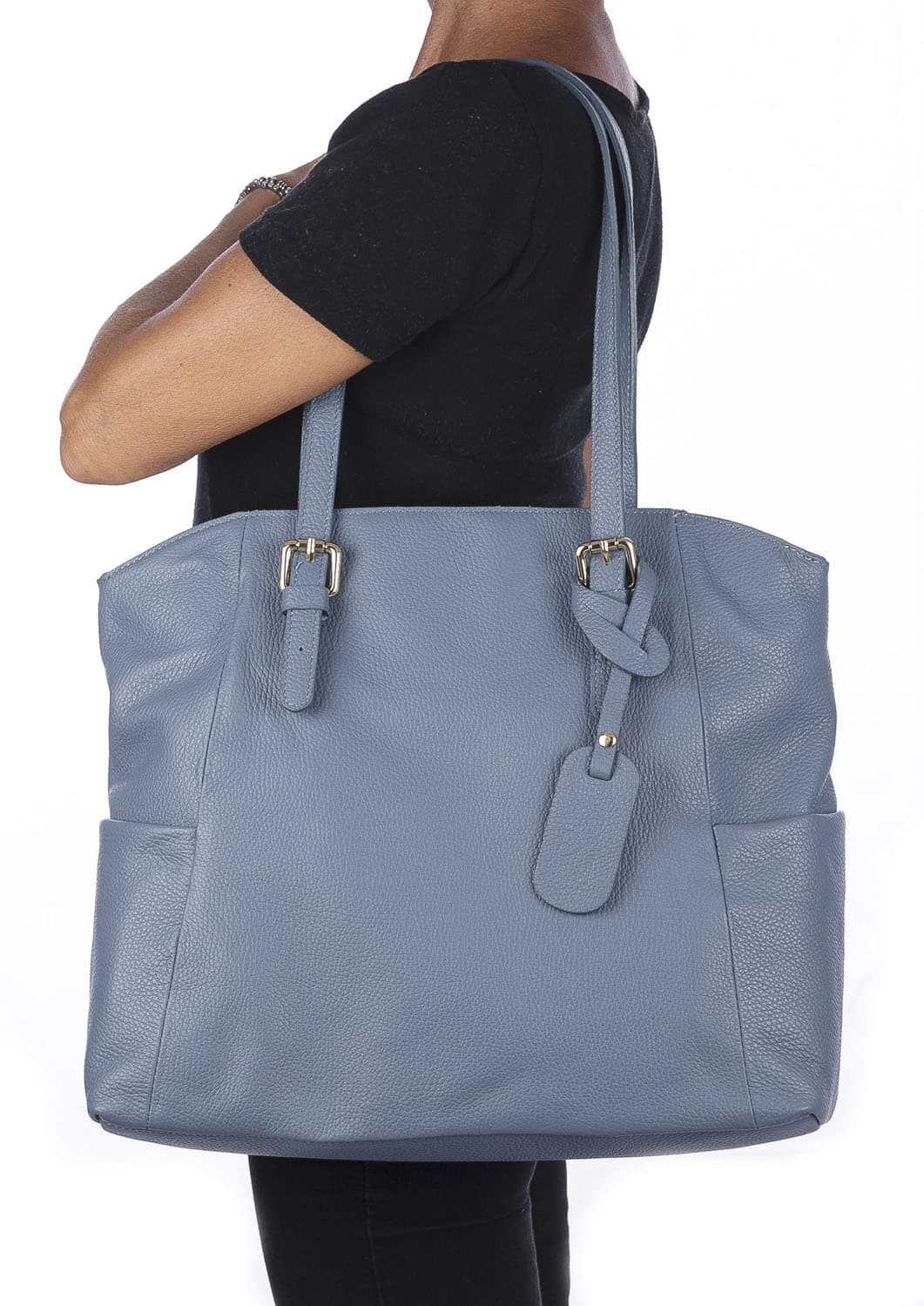 Borsa a spalla donna CLERY, in vera pelle morbida martellata, colore AZZURRO, CHIARO SCURO, Made in Italy