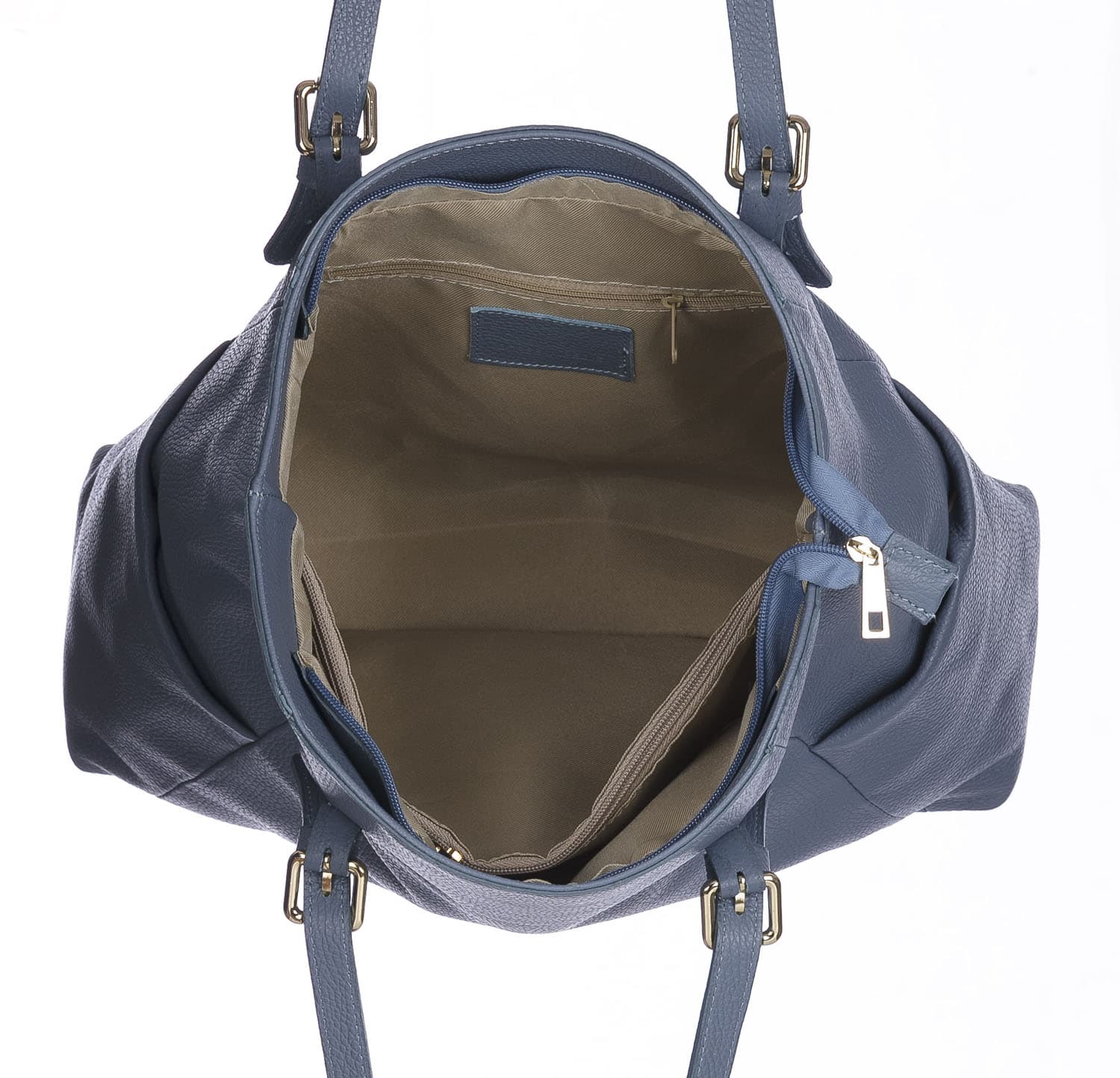 Borsa a spalla donna CLERY, in vera pelle morbida martellata, colore AZZURRO, CHIARO SCURO, Made in Italy