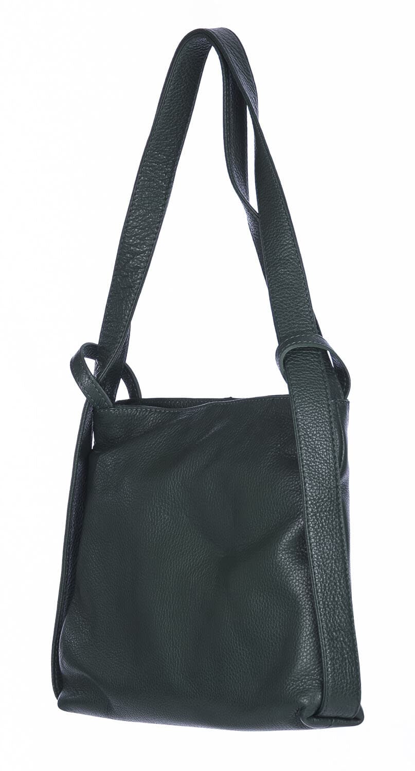 Borsa zaino donna OLIVIA, in vera pelle morbida martellata, colore BERDE SCURO, CHIAROSCURO, Made in Italy