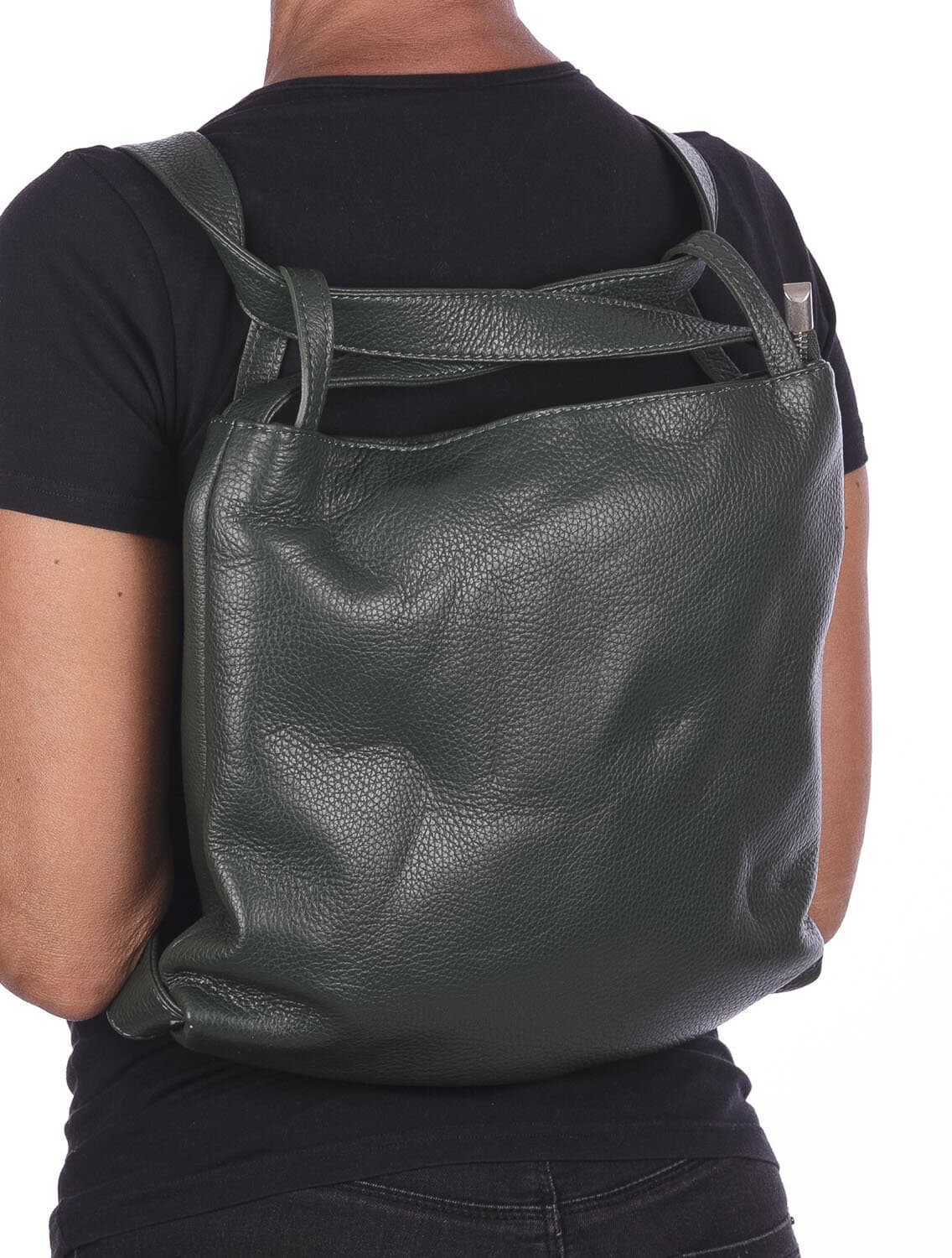 Borsa zaino donna OLIVIA, in vera pelle morbida martellata, colore BERDE SCURO, CHIAROSCURO, Made in Italy