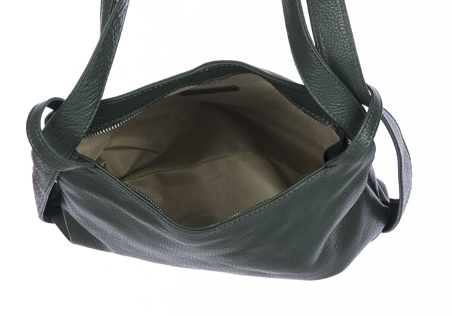 Borsa zaino donna OLIVIA, in vera pelle morbida martellata, colore BERDE SCURO, CHIAROSCURO, Made in Italy