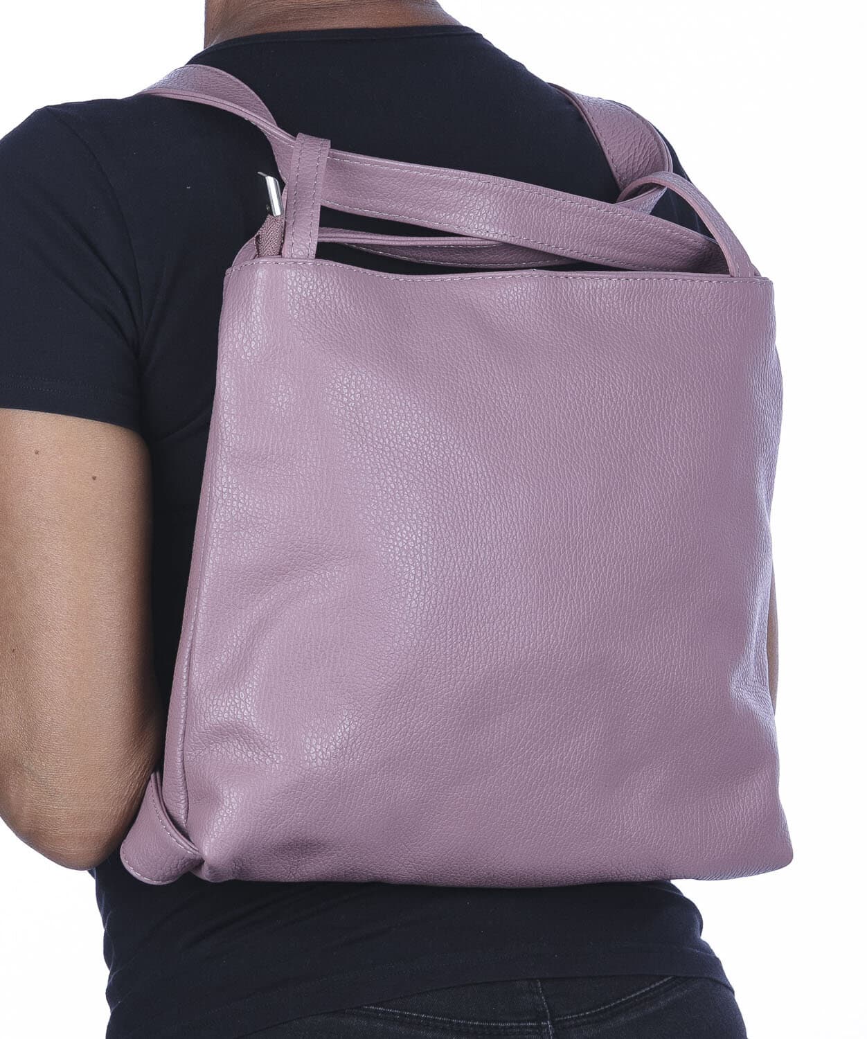 Borsa zaino donna OLIVIA, in vera pelle morbida martellata, colore ROSA, CHIAROSCURO, Made in Italy