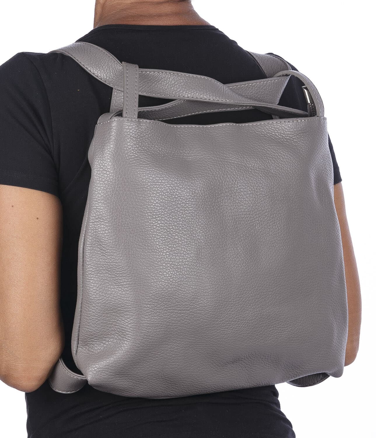 Borsa zaino donna OLIVIA, in vera pelle morbida martellata, colore GRIGIO, CHIAROSCURO, Made in Italy