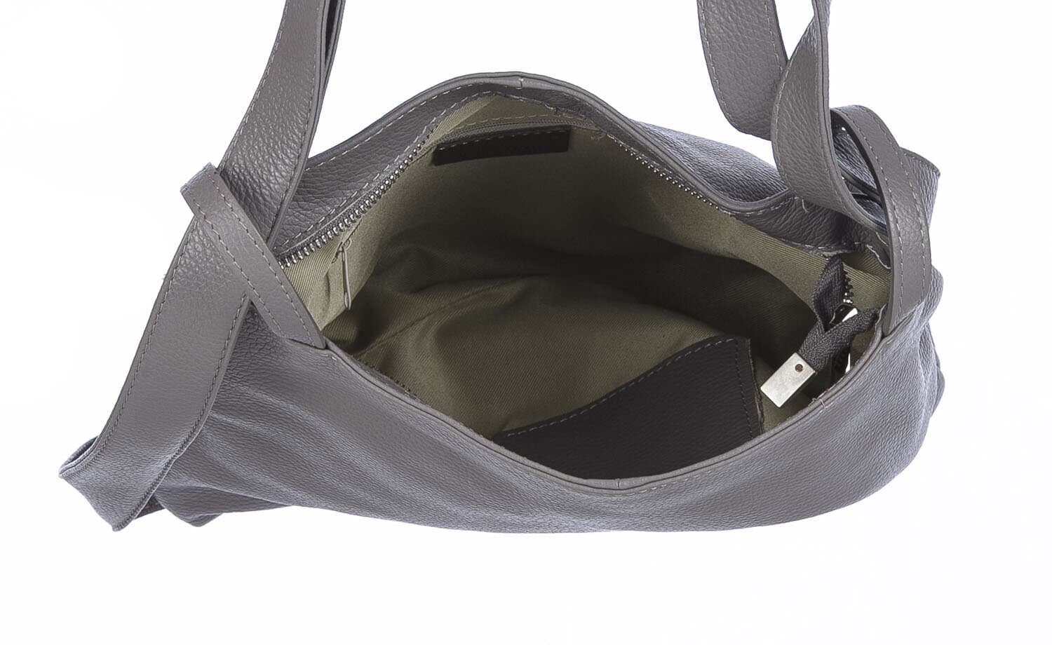 Borsa zaino donna OLIVIA, in vera pelle morbida martellata, colore GRIGIO, CHIAROSCURO, Made in Italy