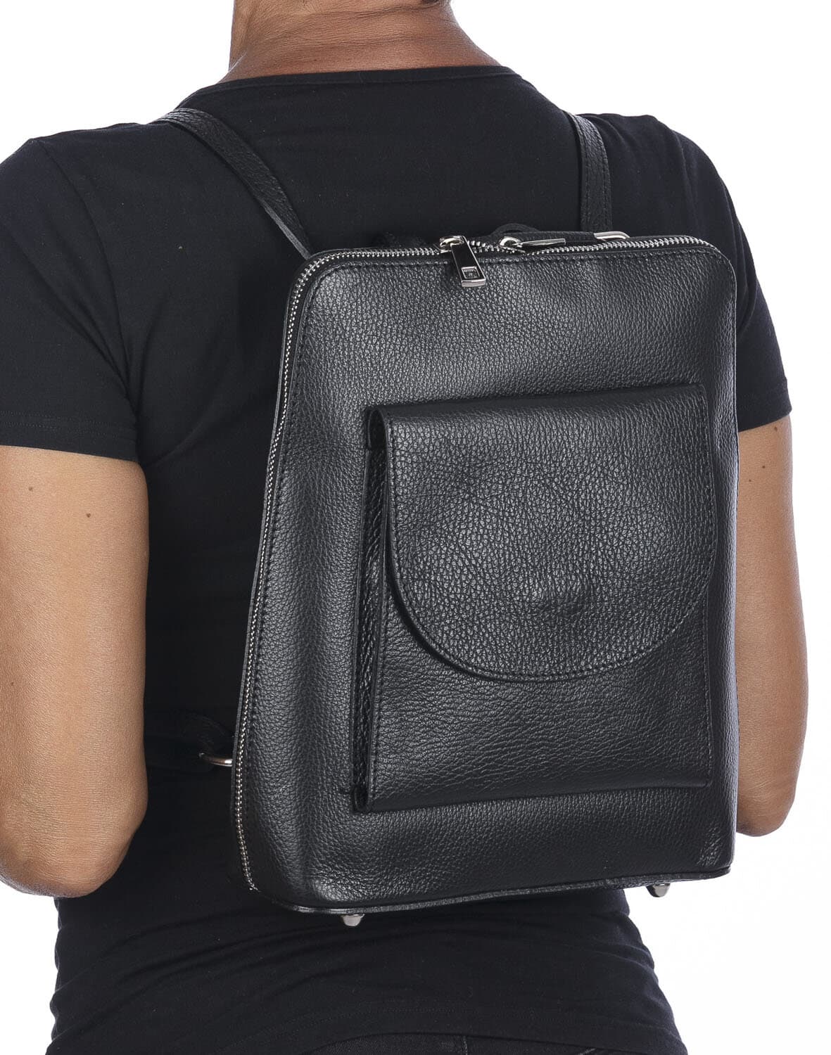 Borsa zaino donna MONTE ADAMELLO, in vera pelle morbida, colore NERO, CHIARO SCURO, Made in Italy