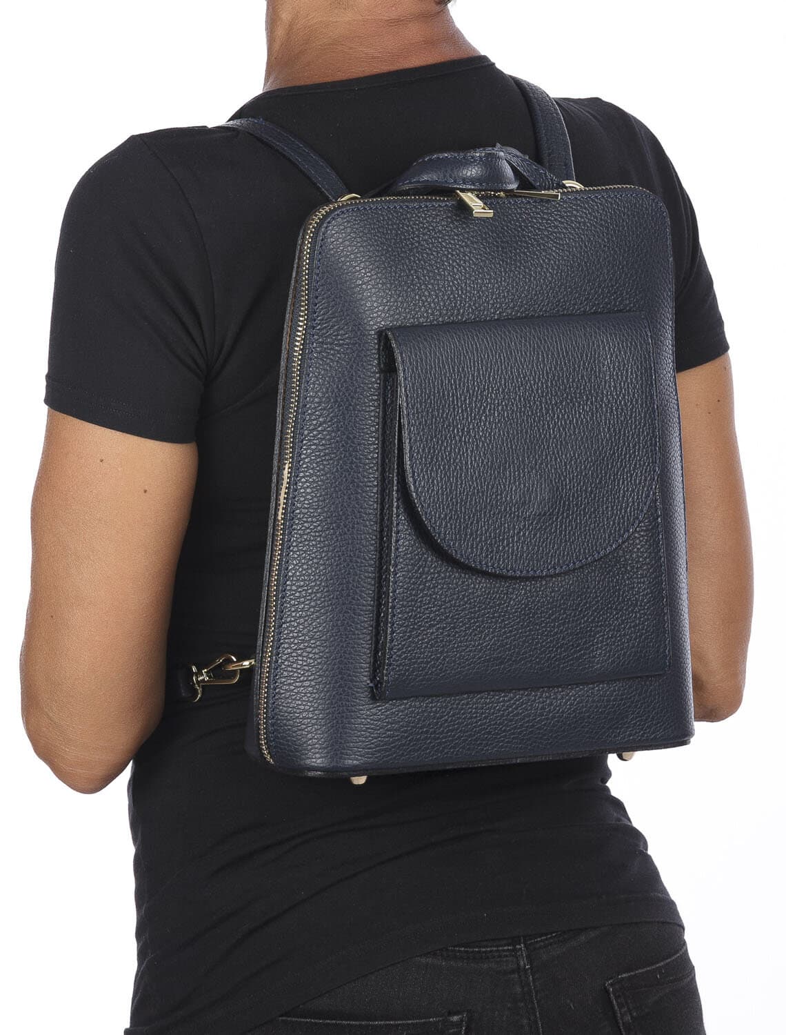 Borsa zaino donna MONTE ADAMELLO, in vera pelle morbida, colore BLU SCURO, CHIARO SCURO, Made in Italy
