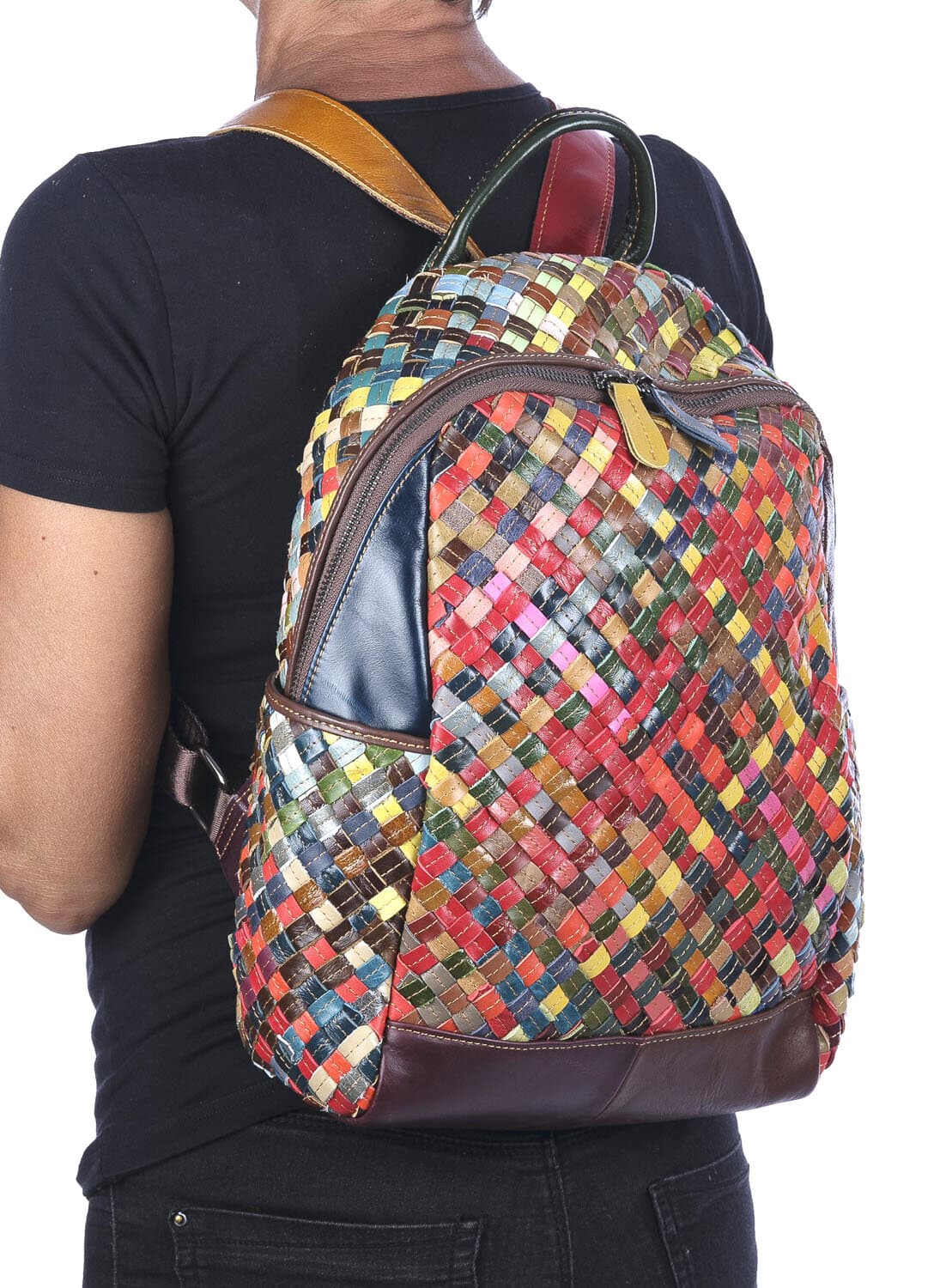 Borsa zaino donna MONTE AMIATA, in vera pelle morbida intrecciata, multicolore, ARIANNA DINI, Made in Italy