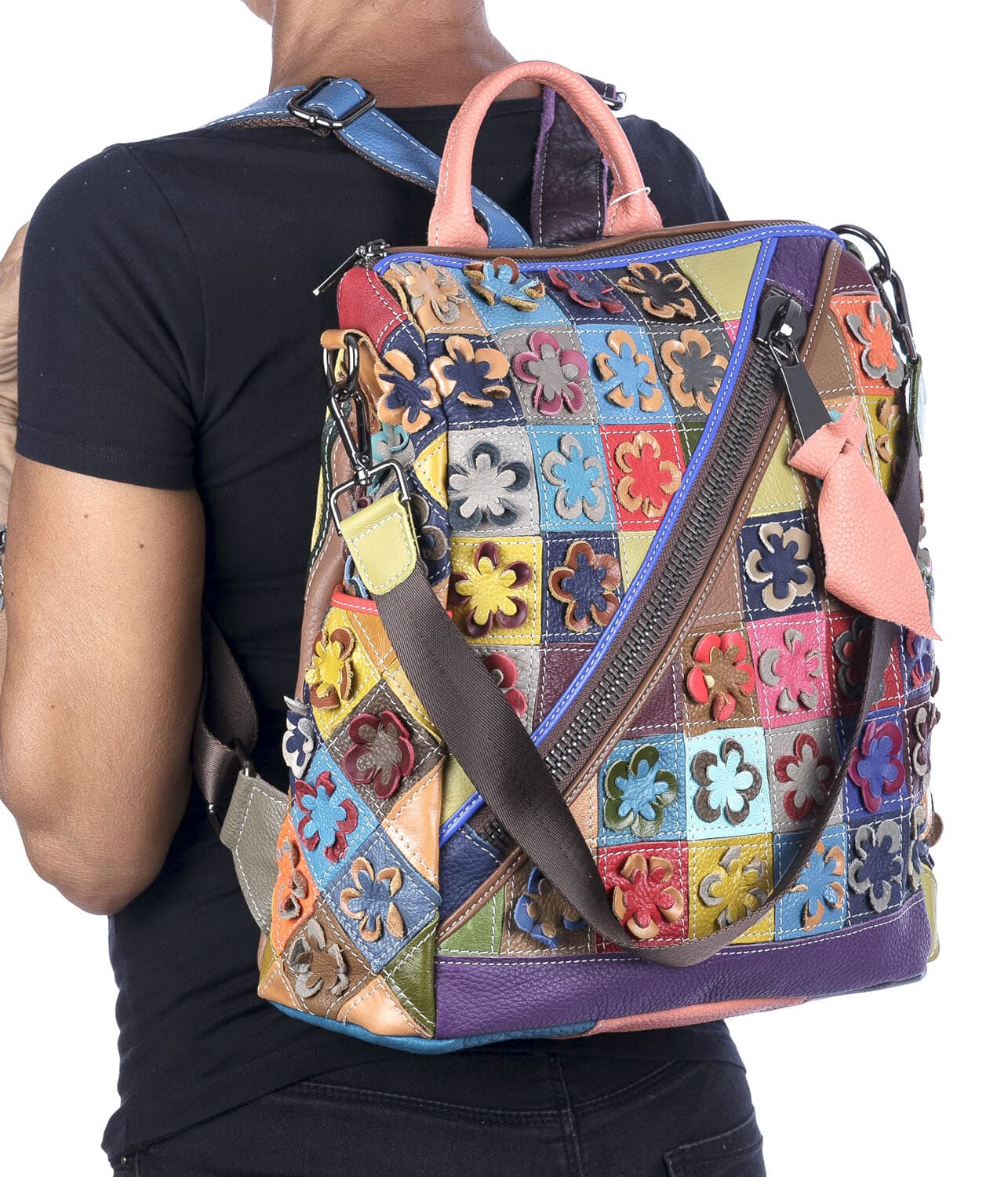Borsa zaino donna MONTE FUMAIOLO, in vera pelle morbida martellata, multicolore, ARIANNA DINI, Made in Italy.