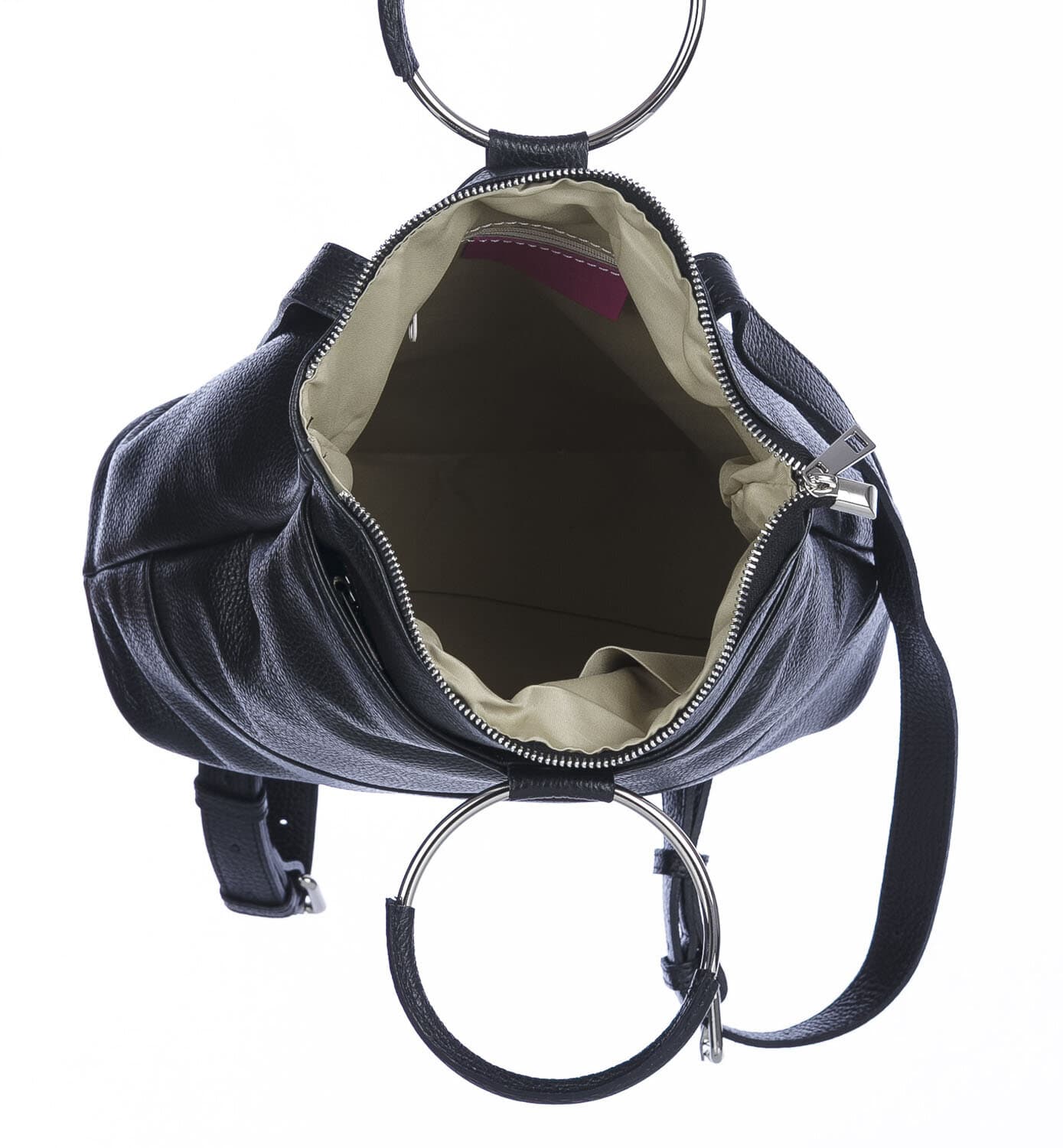 Borsa zaino donna MONTE NERONE, in vera pelle morbida martellata, colore NERO, CHIAROSCURO, Made in Italy
