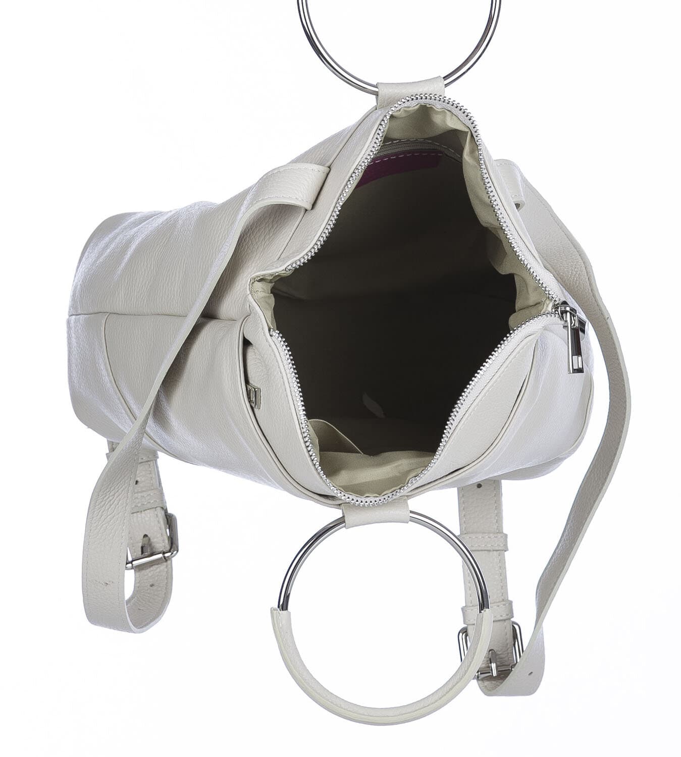 Borsa zaino donna MONTE NERONE, in vera pelle morbida martellata, colore BIANCO, CHIAROSCURO, Made in Italy