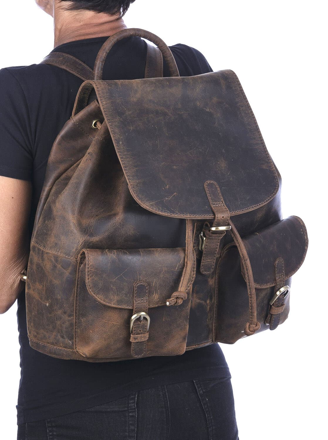Borsa zaino uomo MONTE TITANO, in vera pelle rigida nabuk, colore MARRONE, CHIAROSCURO, Made in Italy