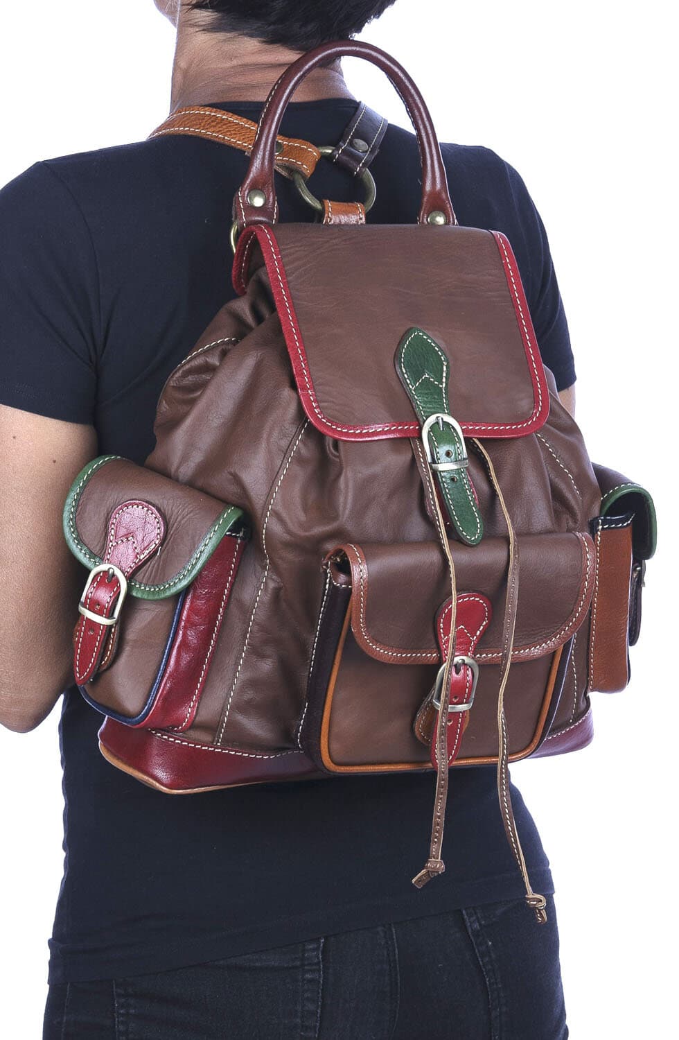 Borsa zaino donna MONTE FALTERONA, in vera pelle sauvage, MULTICOLORE, CHIAROSCURO, Made in Italy.