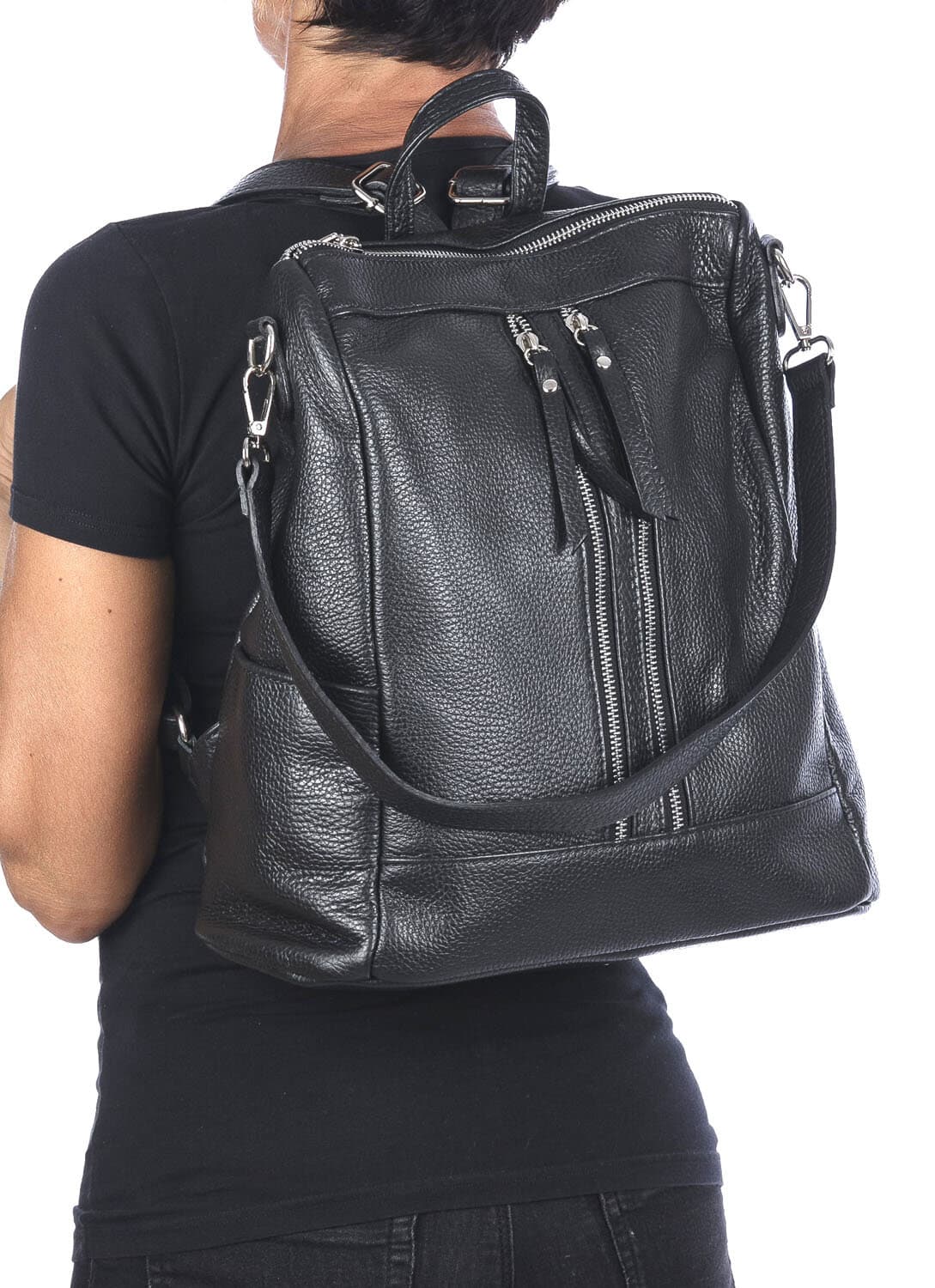 Borsa zaino donna MONTE STREGA in vera pelle martellata, colore NERO, CHIAROSCURO,Made in Italy