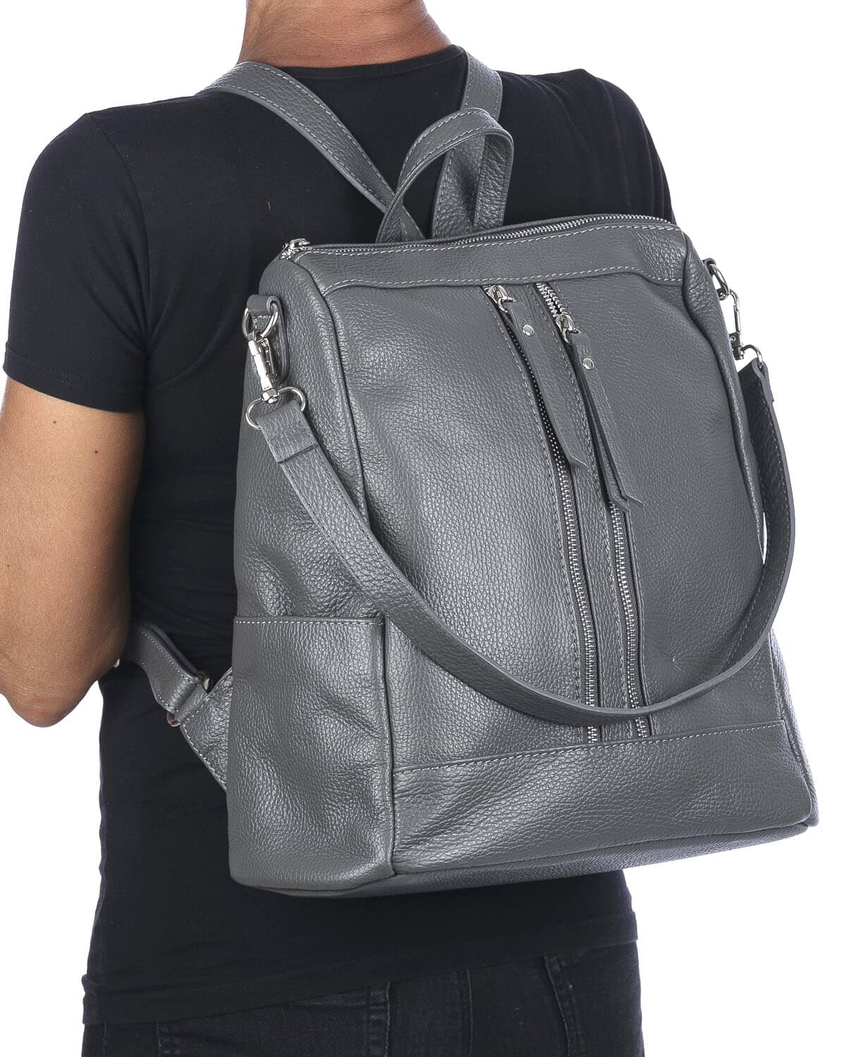 Borsa zaino donna MONTE STREGA in vera pelle martellata, colore GRIGIO, CHIAROSCURO,Made in Italy
