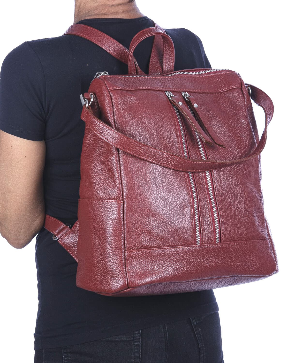 Borsa zaino donna MONTE STREGA in vera pelle martellata, colore ROSSO, CHIAROSCURO,Made in Italy