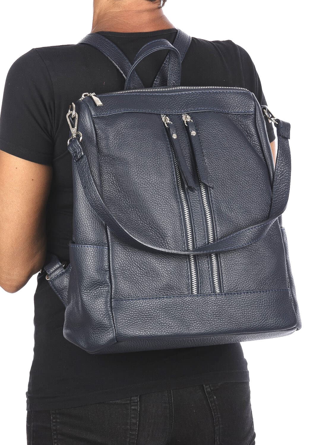 Borsa zaino donna MONTE STREGA in vera pelle martellata, colore BLU SCURO, CHIAROSCURO,Made in Italy