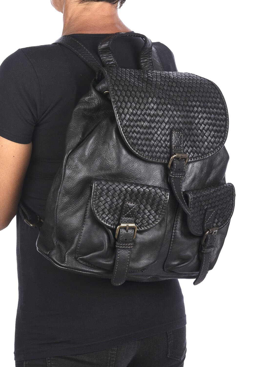 Borsa zaino donna MONTE SOLENNE, in vera pelle vintage, colore NERO, CHIARO SCURO, Made in Italy