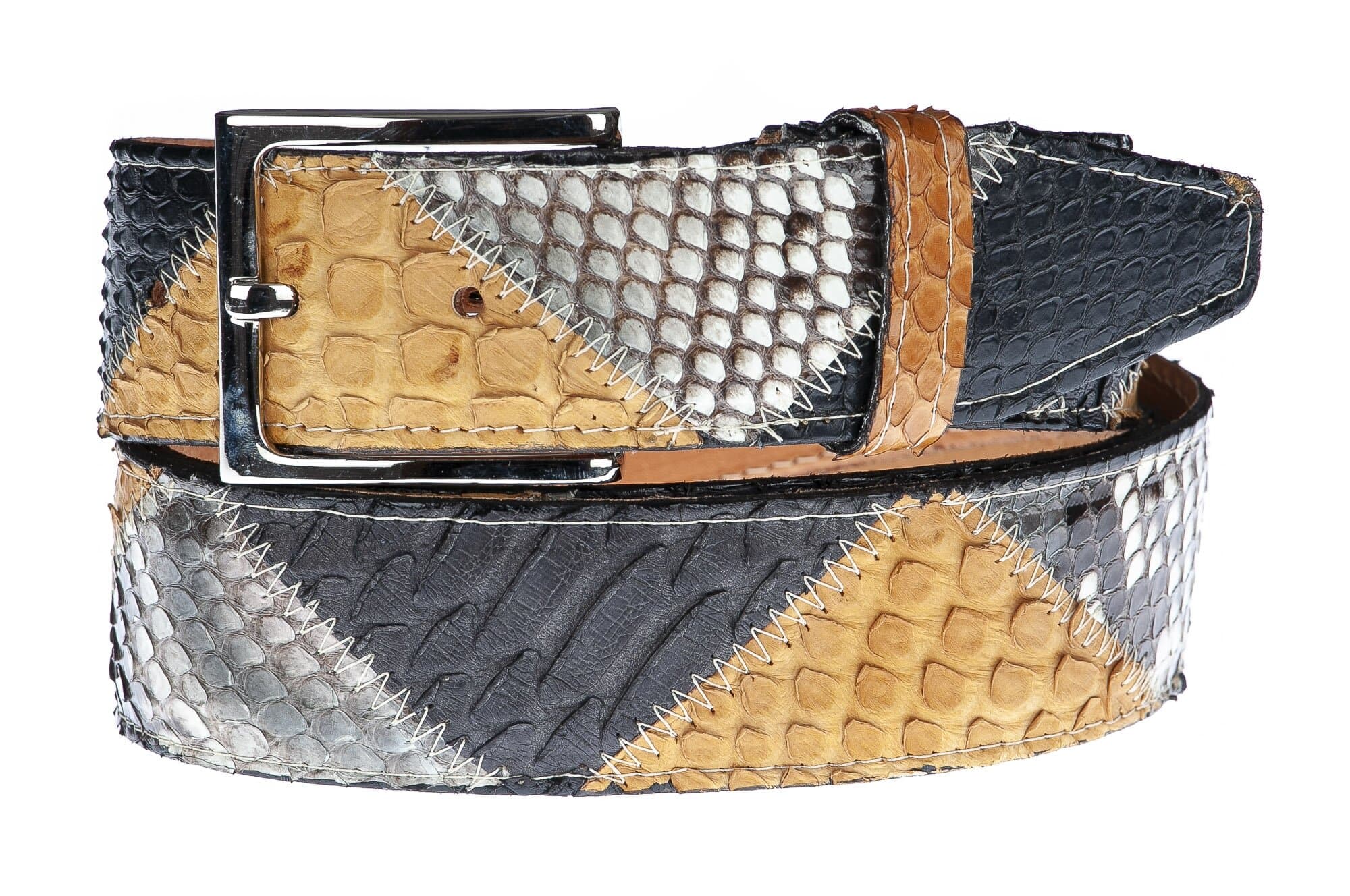 Cintura uomo TRIPOLI C35,vera pelle pitone certificato CITES, NERO/BIANCO/GIALLO, CHIAROSCURO, Made in Italy