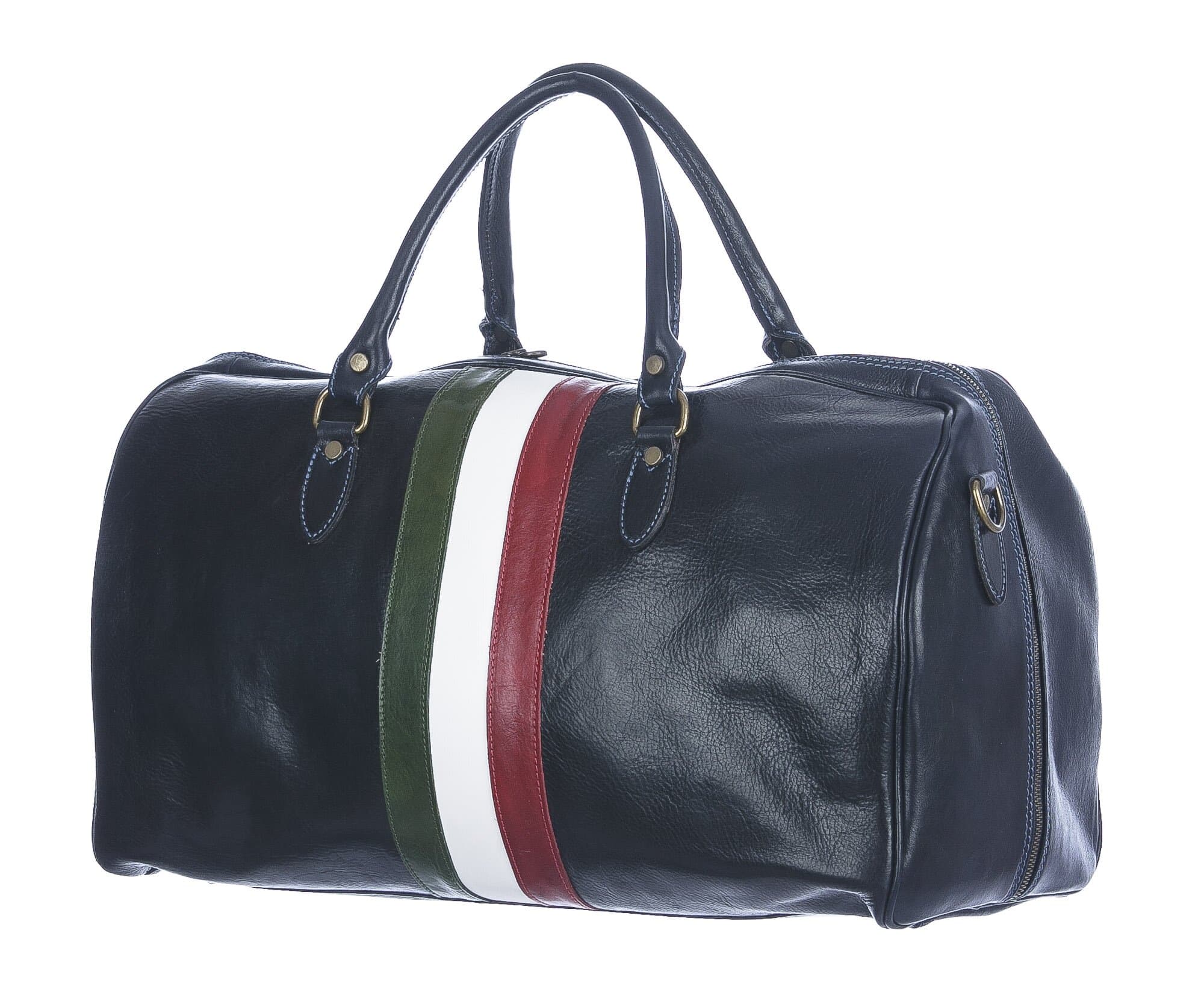 Borsone da viaggio in vero cuoio con tricolore italiano COMO SMALL, colore BLU, CHIAROSCURO, MADE IN ITALY 