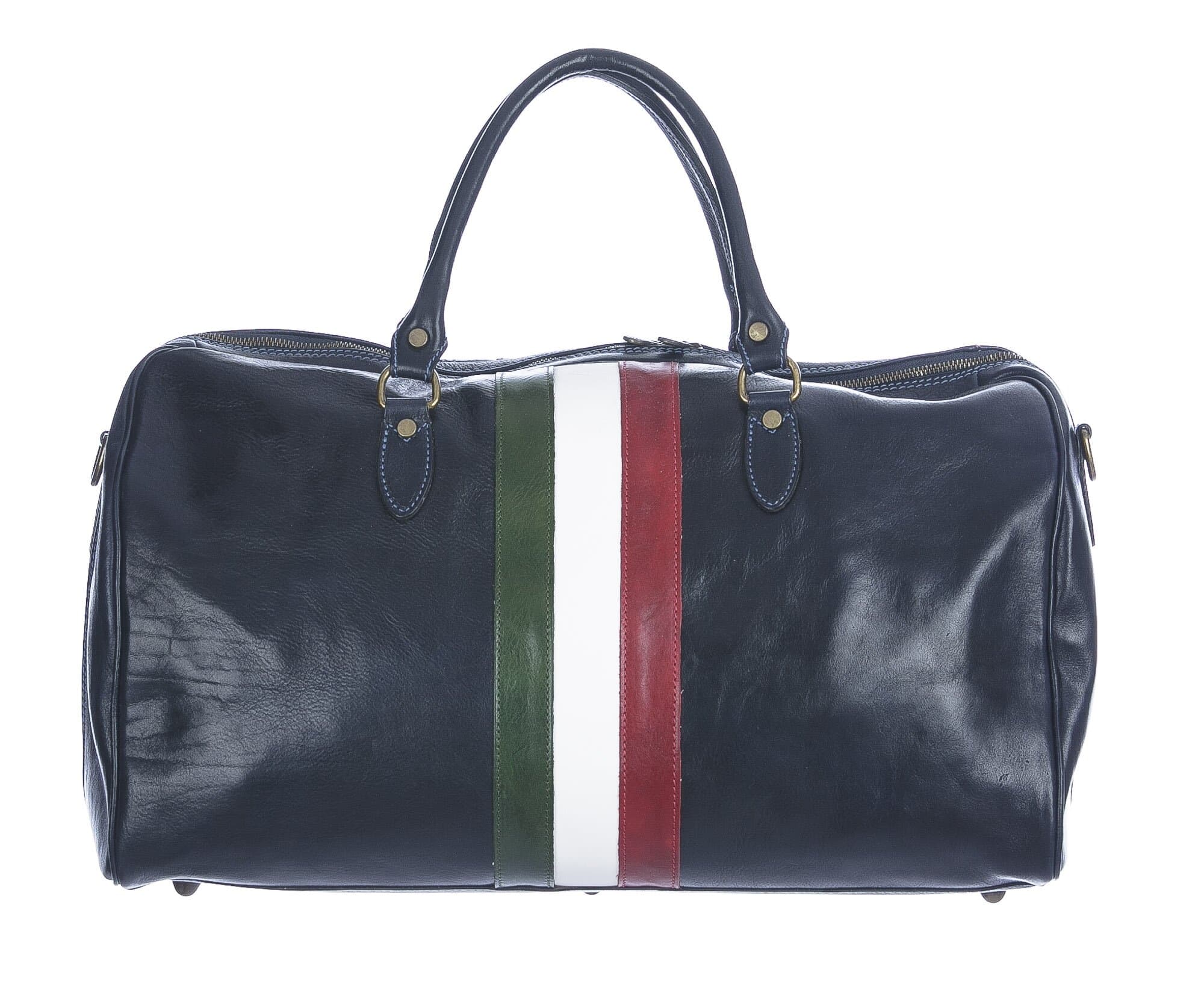 Borsone da viaggio in vero cuoio con tricolore italiano COMO SMALL, colore BLU, CHIAROSCURO, MADE IN ITALY 