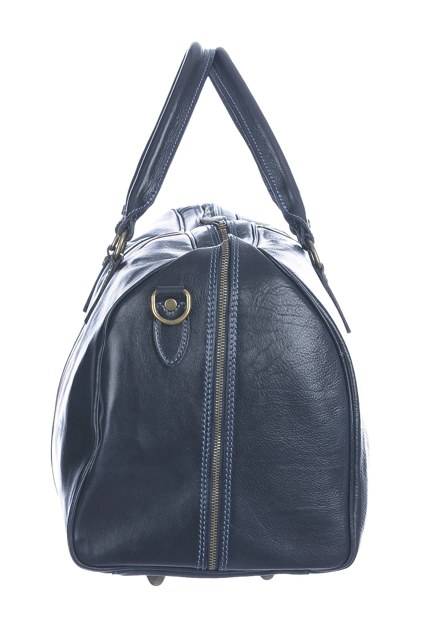 Borsone da viaggio in vero cuoio con tricolore italiano COMO SMALL, colore BLU, CHIAROSCURO, MADE IN ITALY 