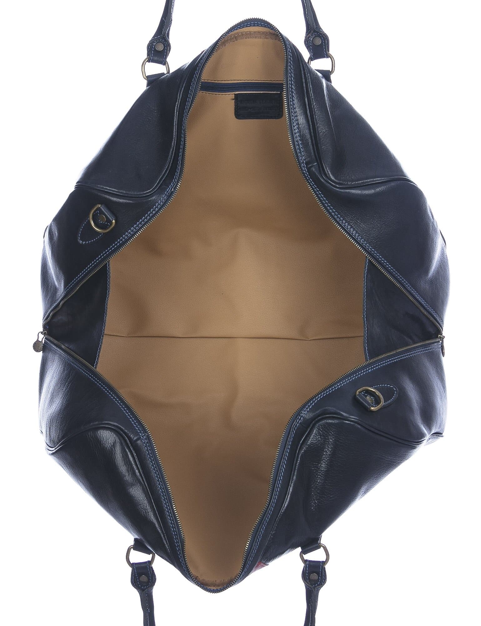 Borsone da viaggio in vero cuoio con tricolore italiano COMO SMALL, colore BLU, CHIAROSCURO, MADE IN ITALY 