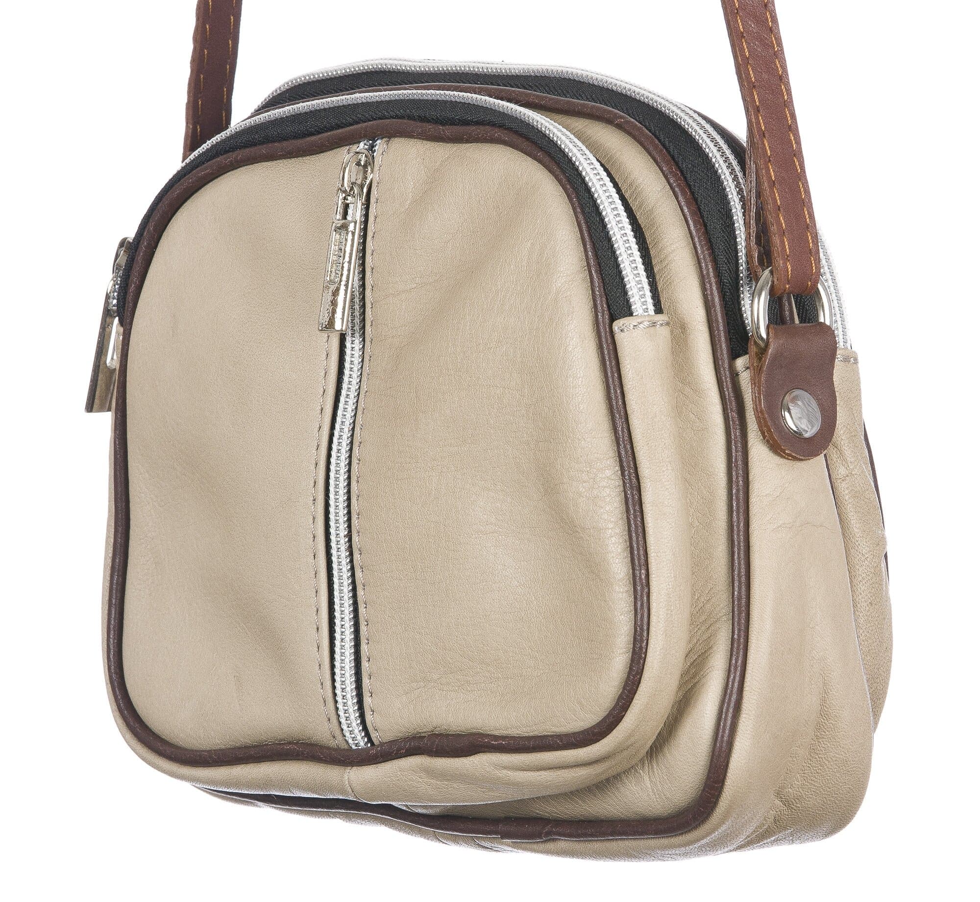Borsa a tracolla da donna in vera pelle primo fiore, GIUSY, colore BEIGE, CHIARO SCURO, MADE IN ITALY