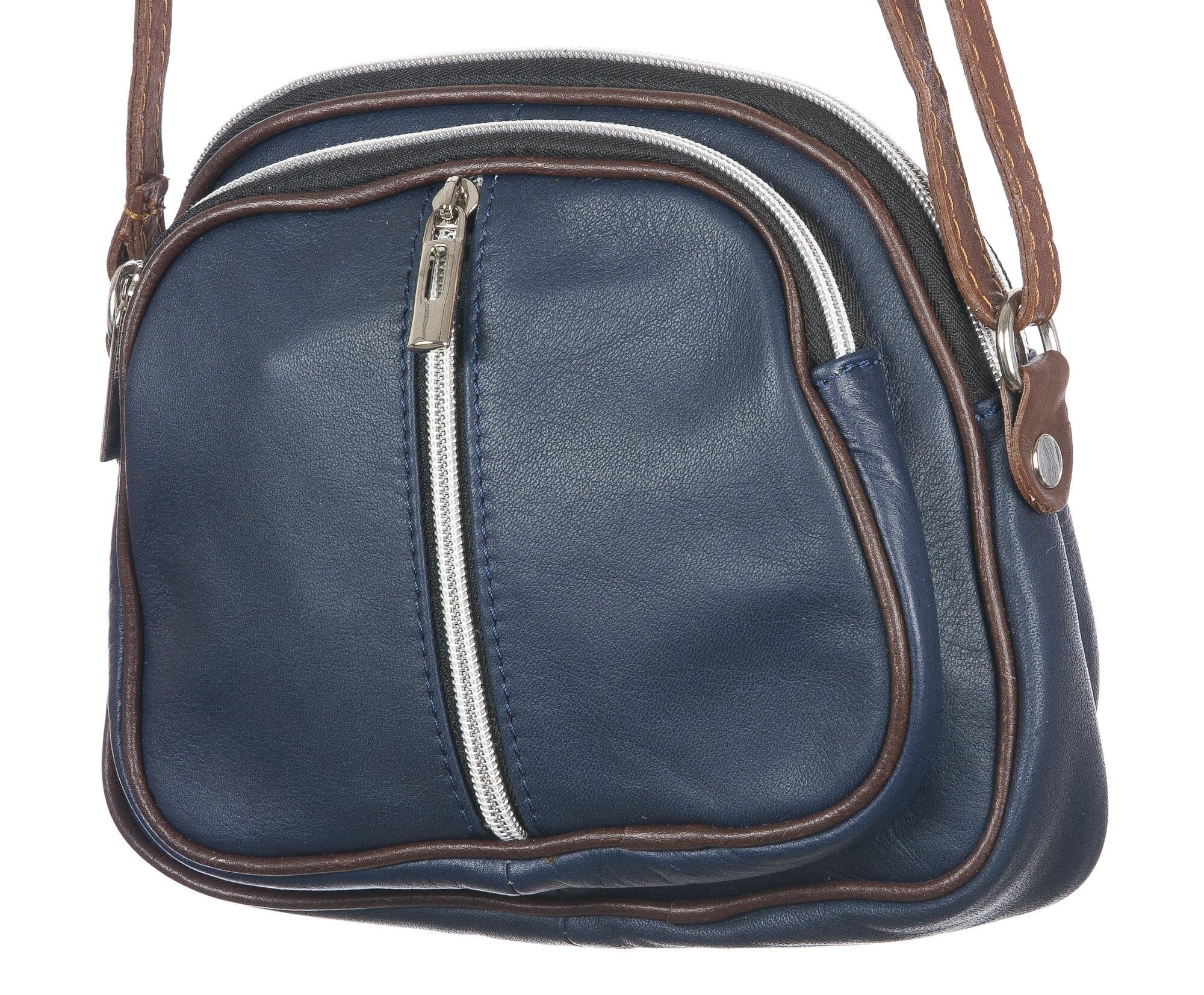 Borsa a tracolla da donna in vera pelle primo fiore, GIUSY, colore BLU, CHIARO SCURO, MADE IN ITALY
