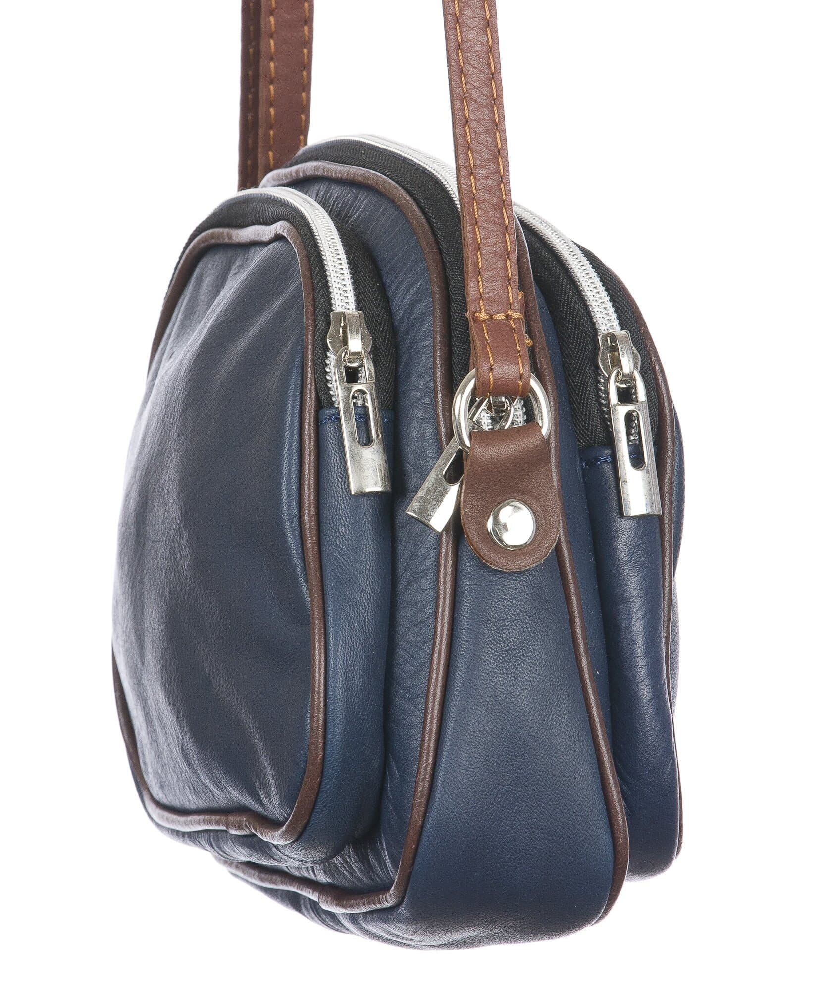 Borsa a tracolla da donna in vera pelle primo fiore, GIUSY, colore BLU, CHIARO SCURO, MADE IN ITALY