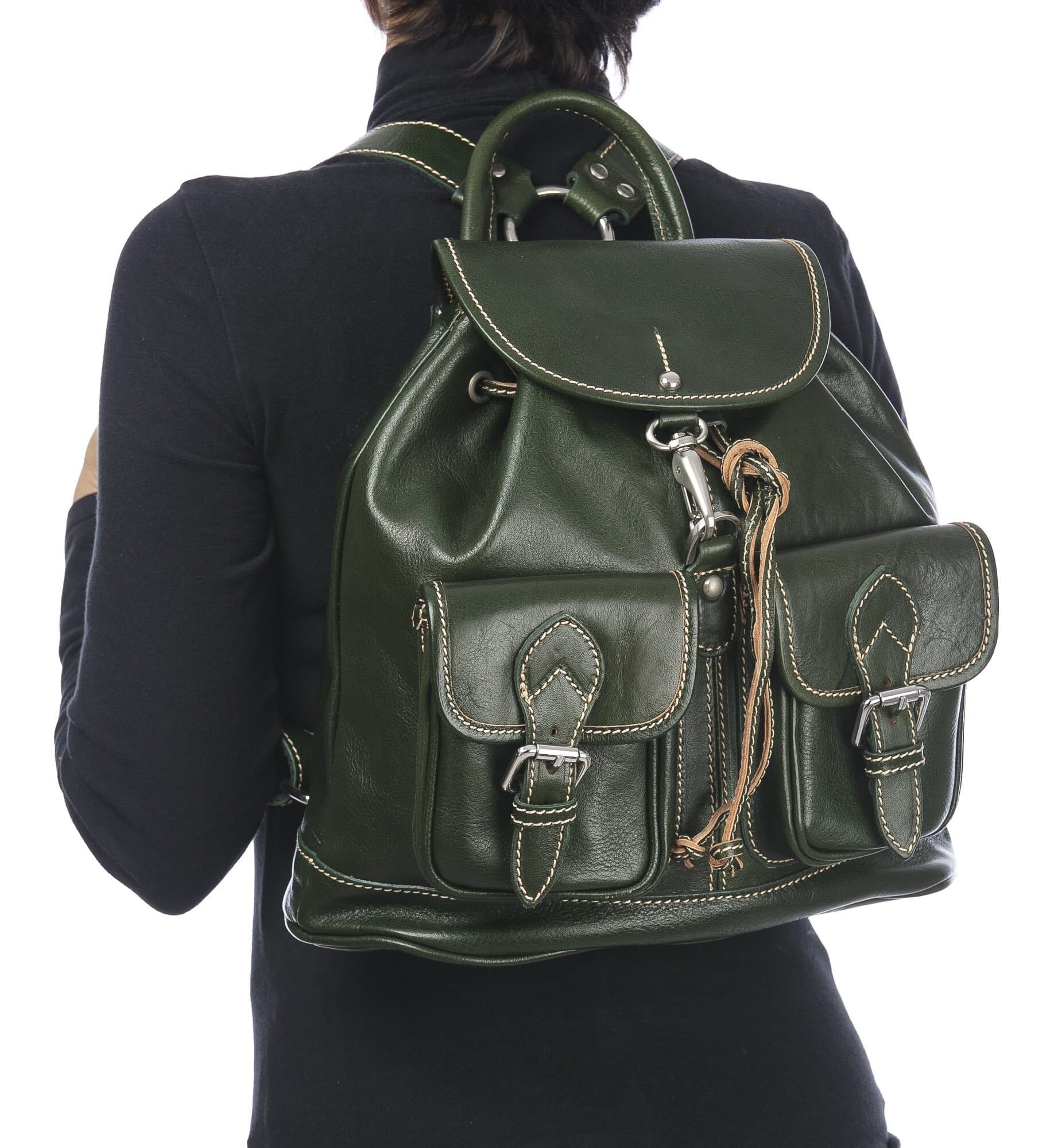 Borsa zaino donna in vera pelle MONTE ROSA, colore VERDE, CHIAROSCURO, MADE IN ITALY