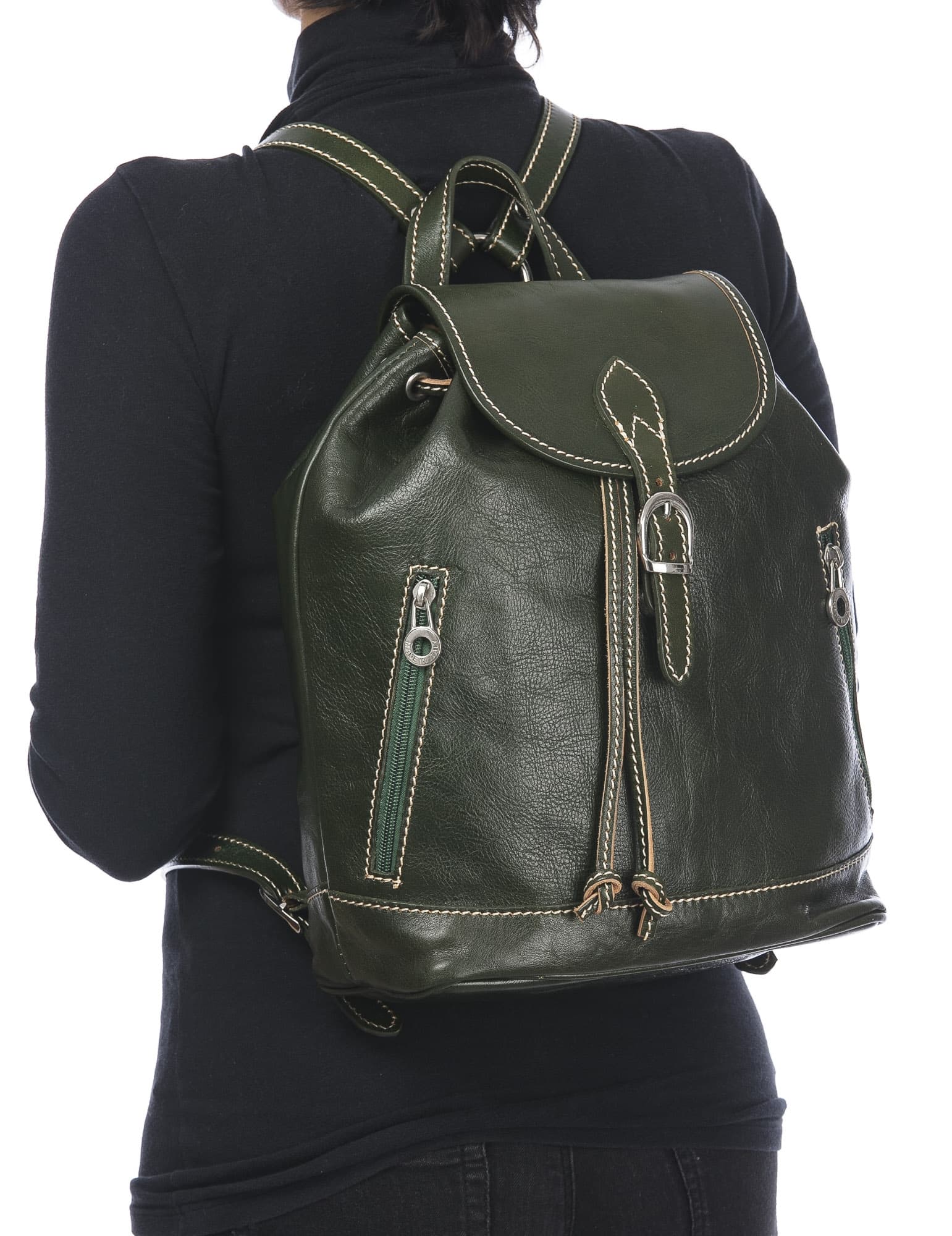 Monte LEONE maxi : zaino donna, cuoio, colore: VERDE, Made in Italy