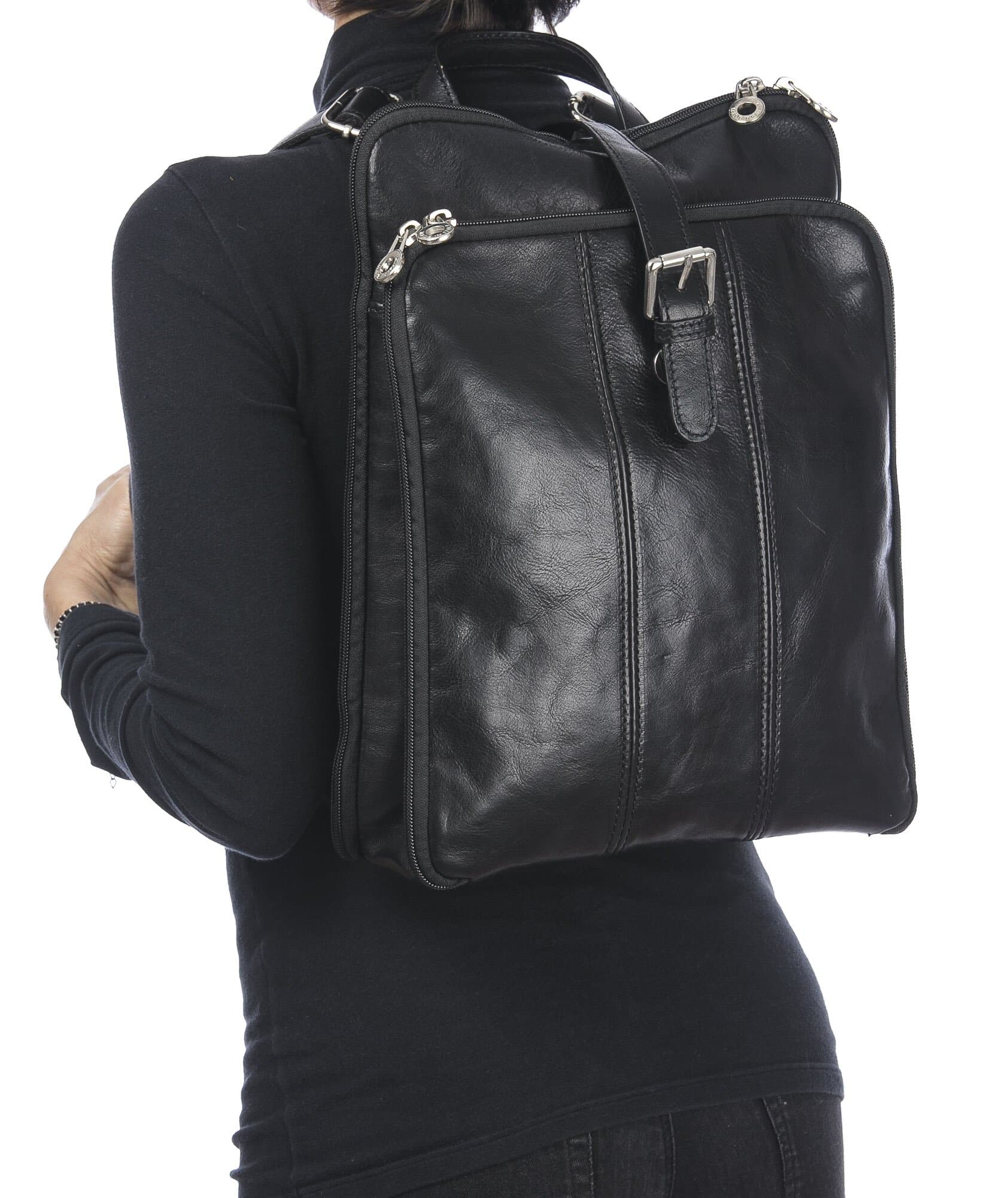 Borsa zaino donna in vera pelle MONTE COLOMBINE, colore NERO, CHIAROSCURO, MADE IN ITALY