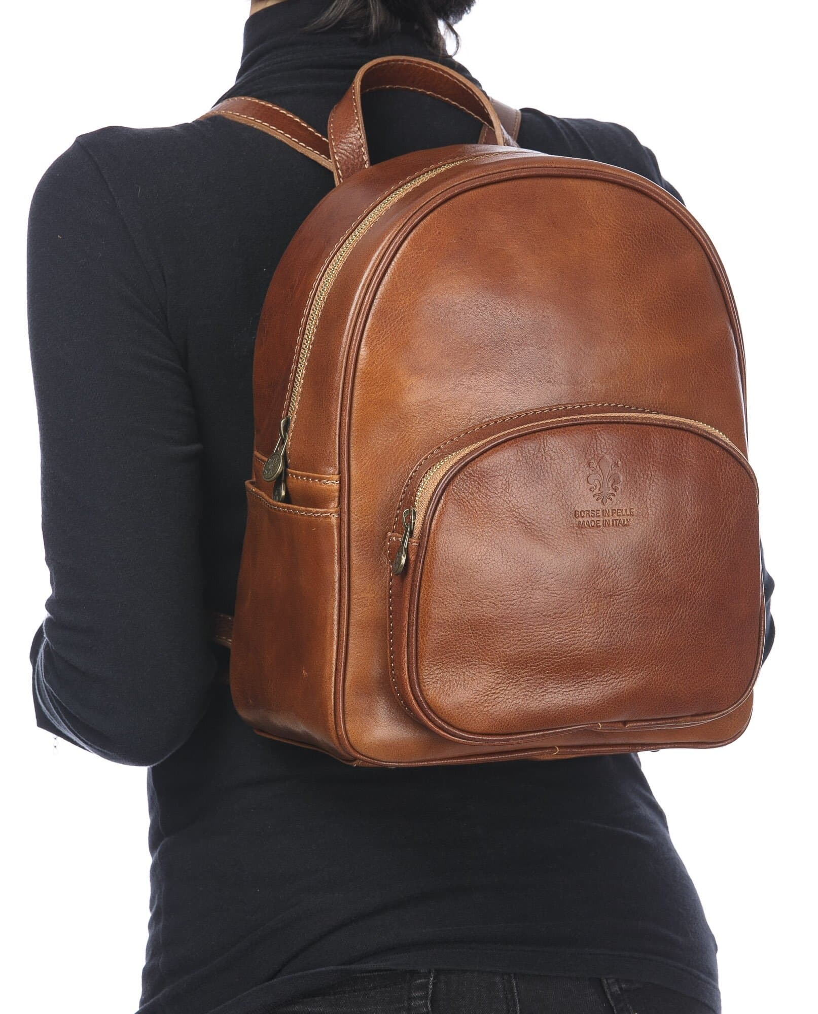Borsa zaino donna in vera pelle MONTE VISO, colore MIELE/CUOIO, CHIAROSCURO, MADE IN ITALY