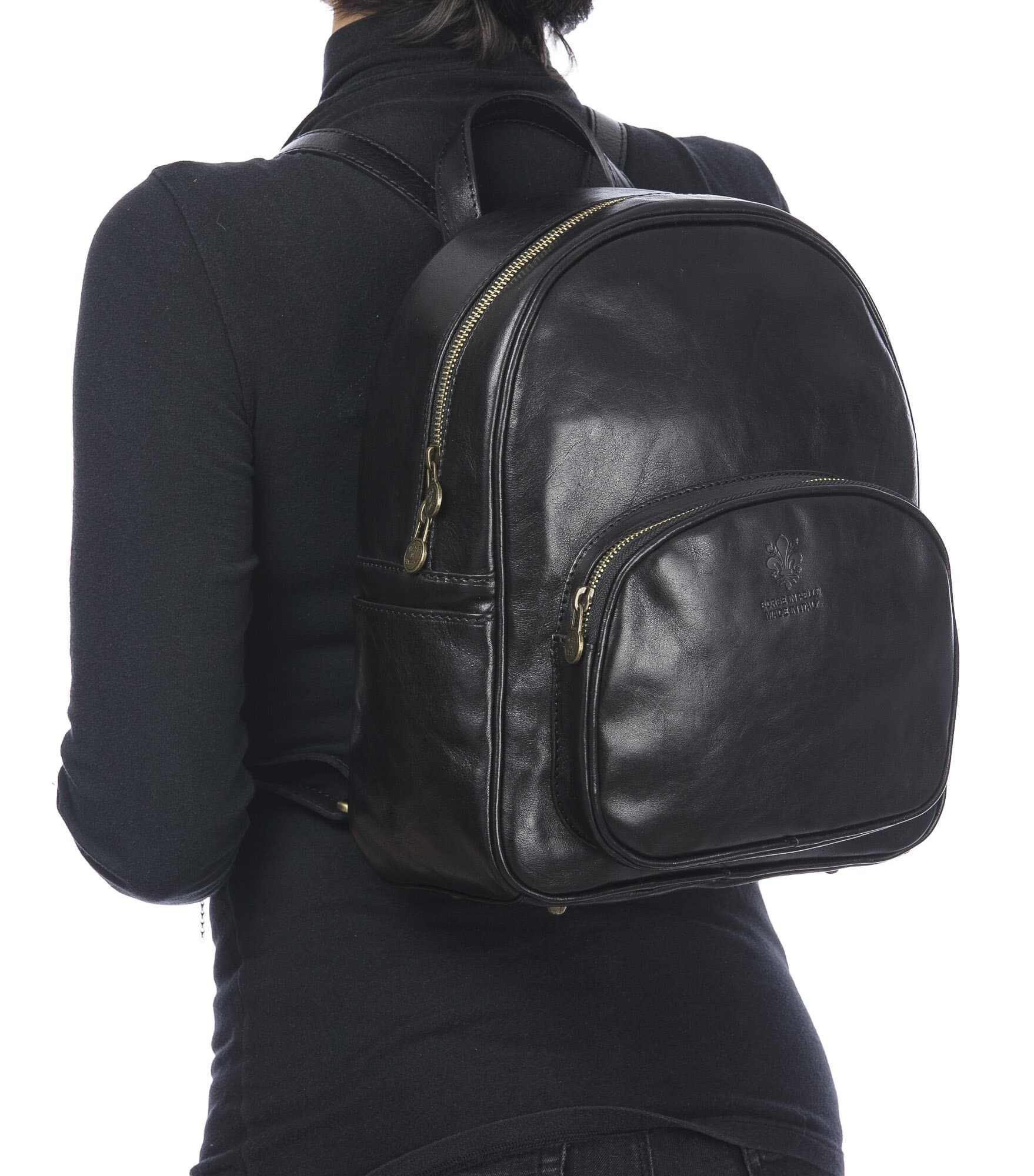 Borsa zaino donna in vera pelle MONTE VISO, colore NERO, CHIAROSCURO, MADE IN ITALY