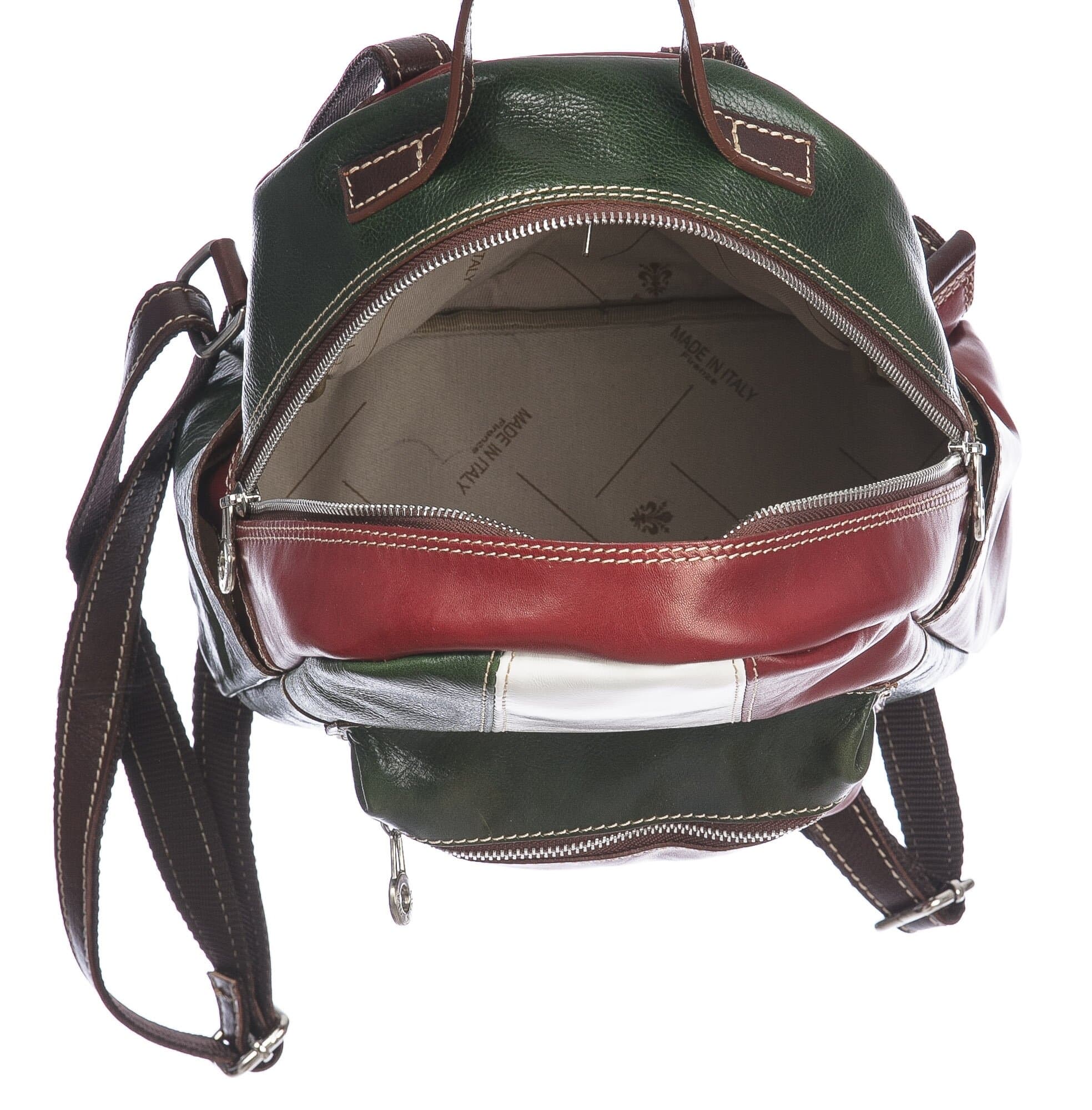 Borsa zaino donna in vera pelle MONTE FALORIA, TRICOLORE BANDIERA ITALIANA, colore VERDE/BIANCO/ROSSO, CHIAROSCURO, MADE IN ITALY