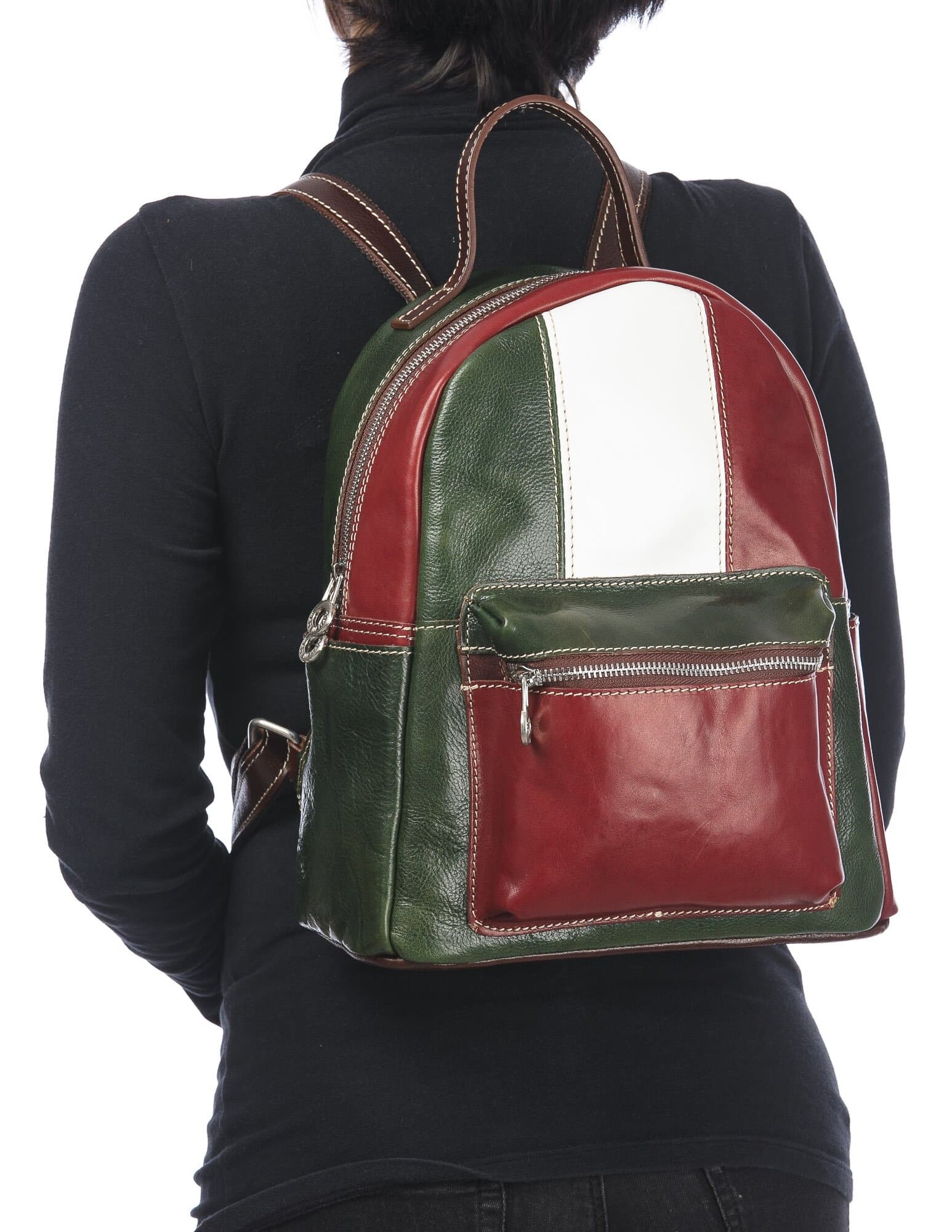 Borsa zaino donna in vera pelle MONTE FALORIA, TRICOLORE BANDIERA ITALIANA, colore VERDE/BIANCO/ROSSO, CHIAROSCURO, MADE IN ITALY