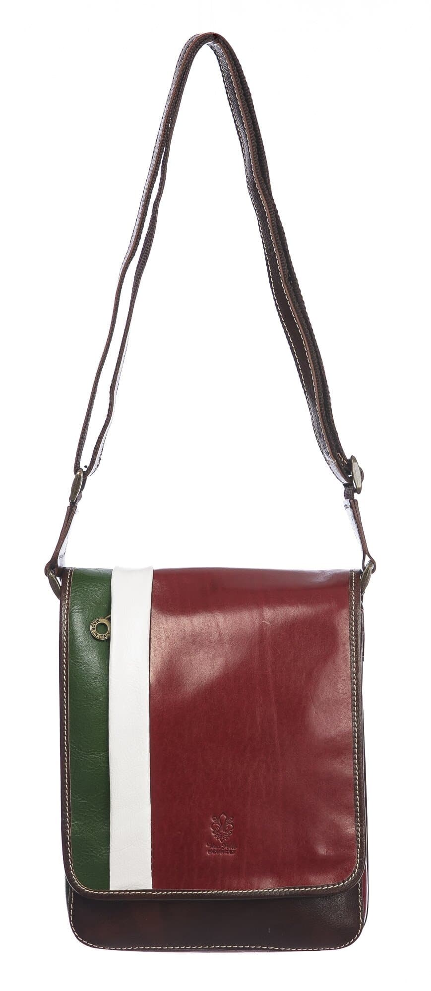 Tracolla uomo in vera pelle SAMUELE, TRICOLORE BANDIERA ITALIANA, colore VERDE/BIANCO/ROSSO, CHIAROSCURO, MADE IN ITALY